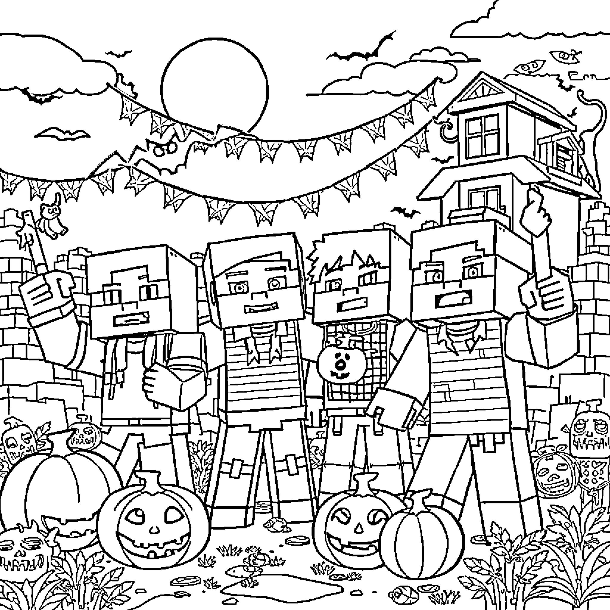 Minecraft characters celebrating Halloween night Coloring Page (free black-and-white line drawing printable PDF for all, from beginners to advanced learners, including children, teens, adults, and seniors)