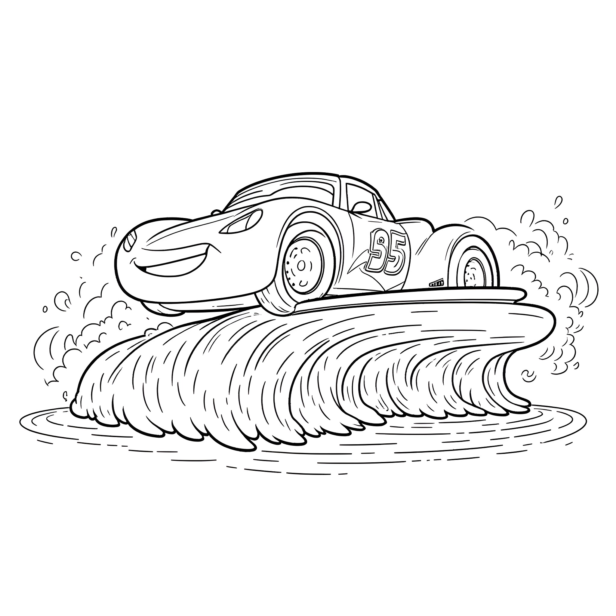 Lightning McQueen racing through the muddy track Coloring Page (free black-and-white line drawing printable PDF for all, from beginners to advanced learners, including children, teens, adults, and seniors)