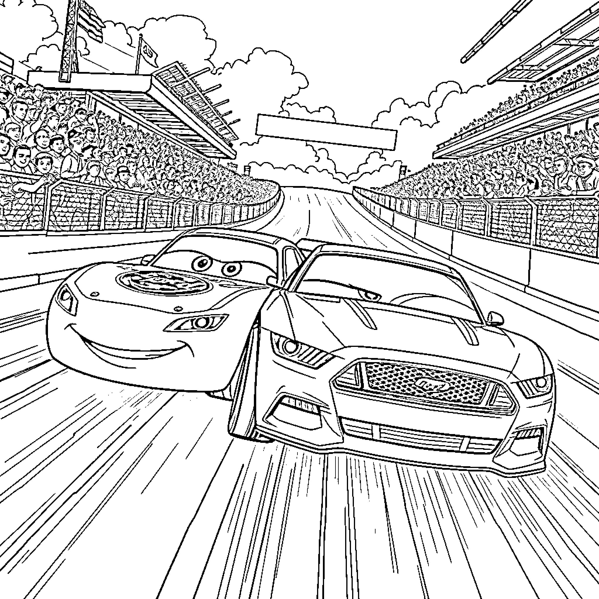 Lightning McQueen racing on the racetrack Coloring Page (free black-and-white line drawing printable PDF for all, from beginners to advanced learners, including children, teens, adults, and seniors)