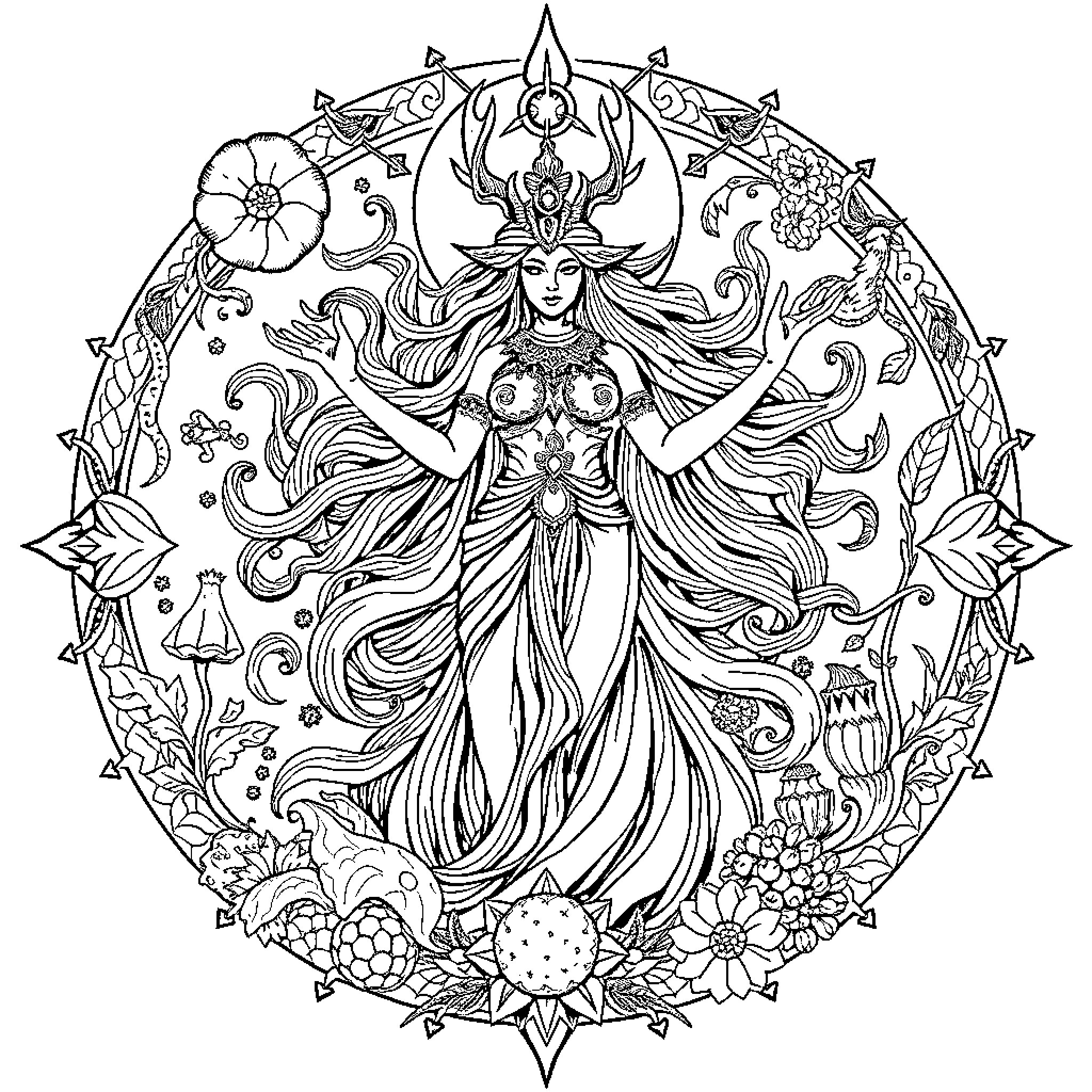 Mokosh, the Goddess of Fertility and Nature's Blessings Coloring Page (free black-and-white line drawing printable PDF for all, from beginners to advanced learners, including children, teens, adults, and seniors)
