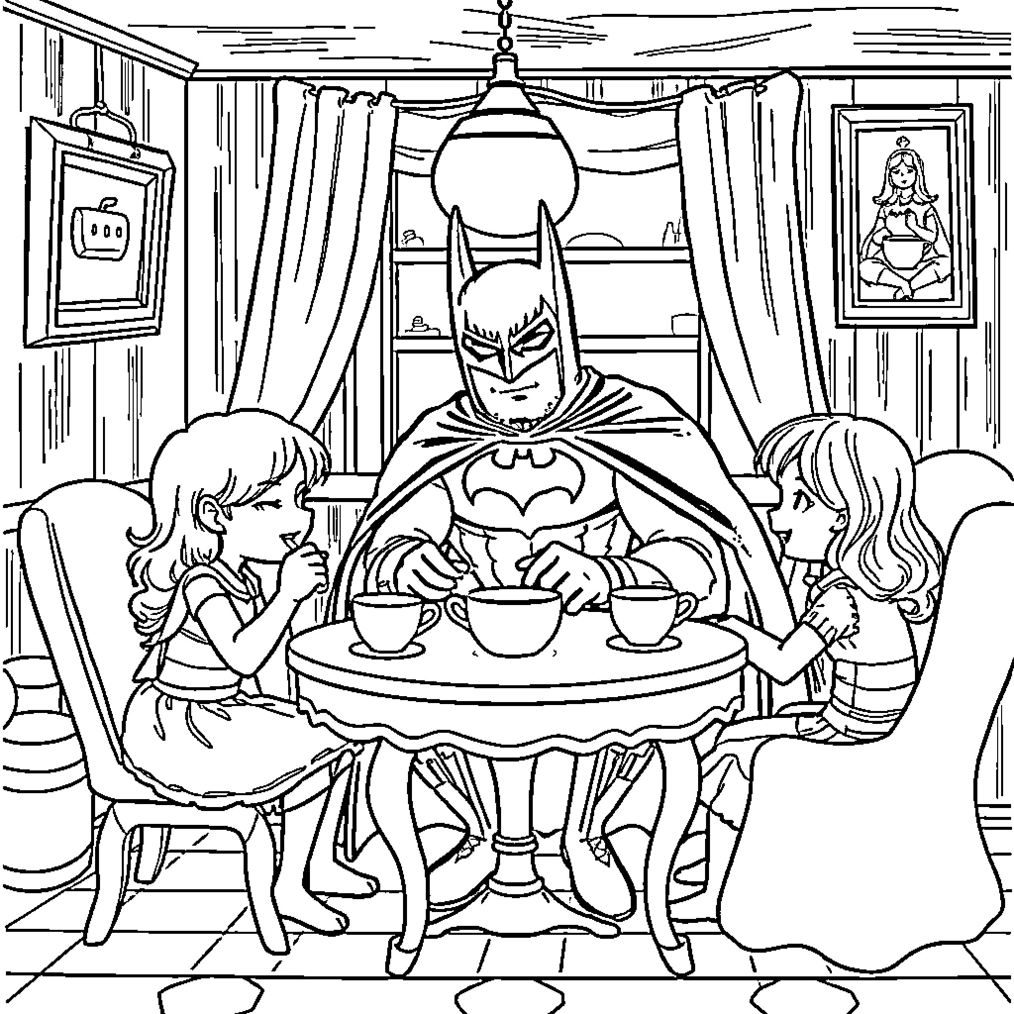 Batman enjoying tea time with children Coloring Page (free black-and-white line drawing printable PDF for all, from beginners to advanced learners, including children, teens, adults, and seniors)