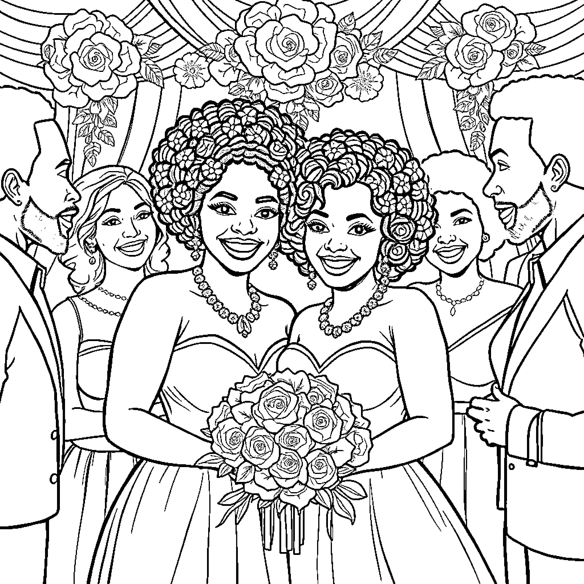 Wedding of smiling brides and grooms with floral decorations Coloring Page (free black-and-white line drawing printable PDF for all, from beginners to advanced learners, including children, teens, adults, and seniors)
