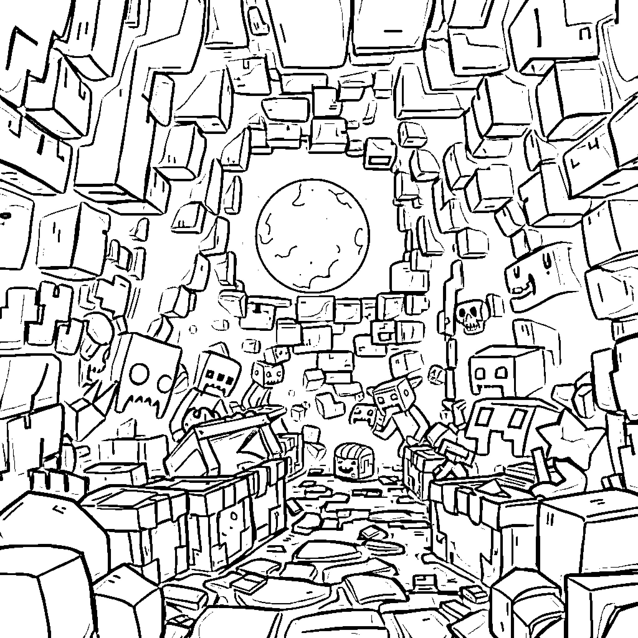 Minecraft Cityscape with Celestial Elements Coloring Page (free black-and-white line drawing printable PDF for all, from beginners to advanced learners, including children, teens, adults, and seniors)