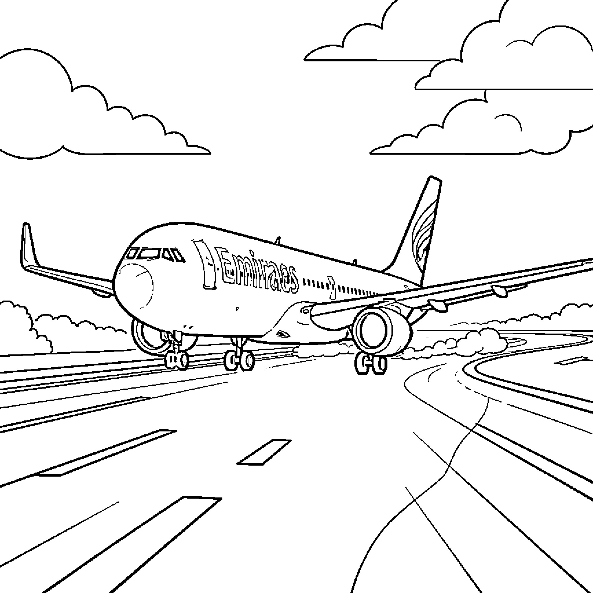 Emirates Airplane landing on the runway Coloring Page (free black-and-white line drawing printable PDF for all, from beginners to advanced learners, including children, teens, adults, and seniors)