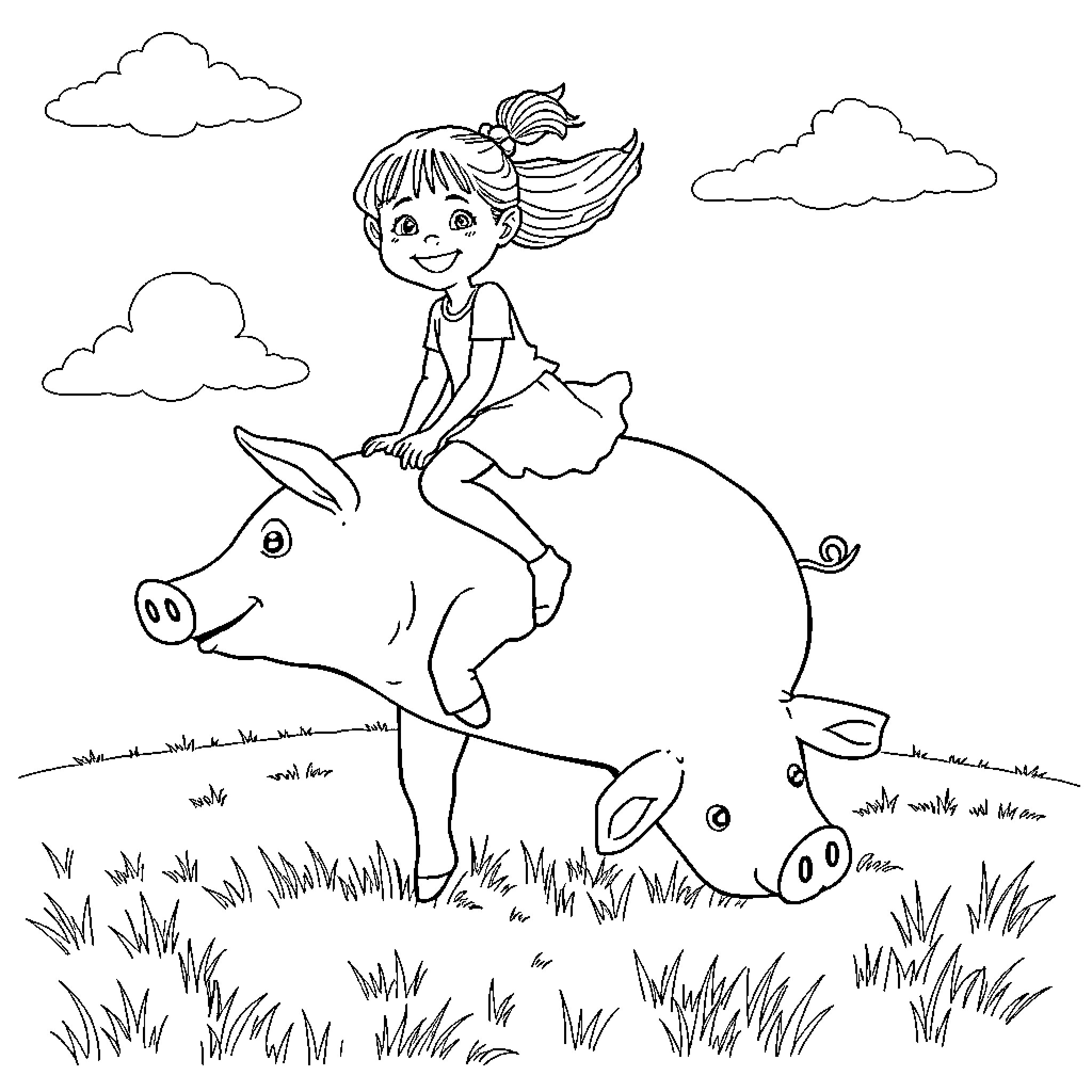 Girl riding a pig through a grassy field Coloring Page (free black-and-white line drawing printable PDF for all, from beginners to advanced learners, including children, teens, adults, and seniors)