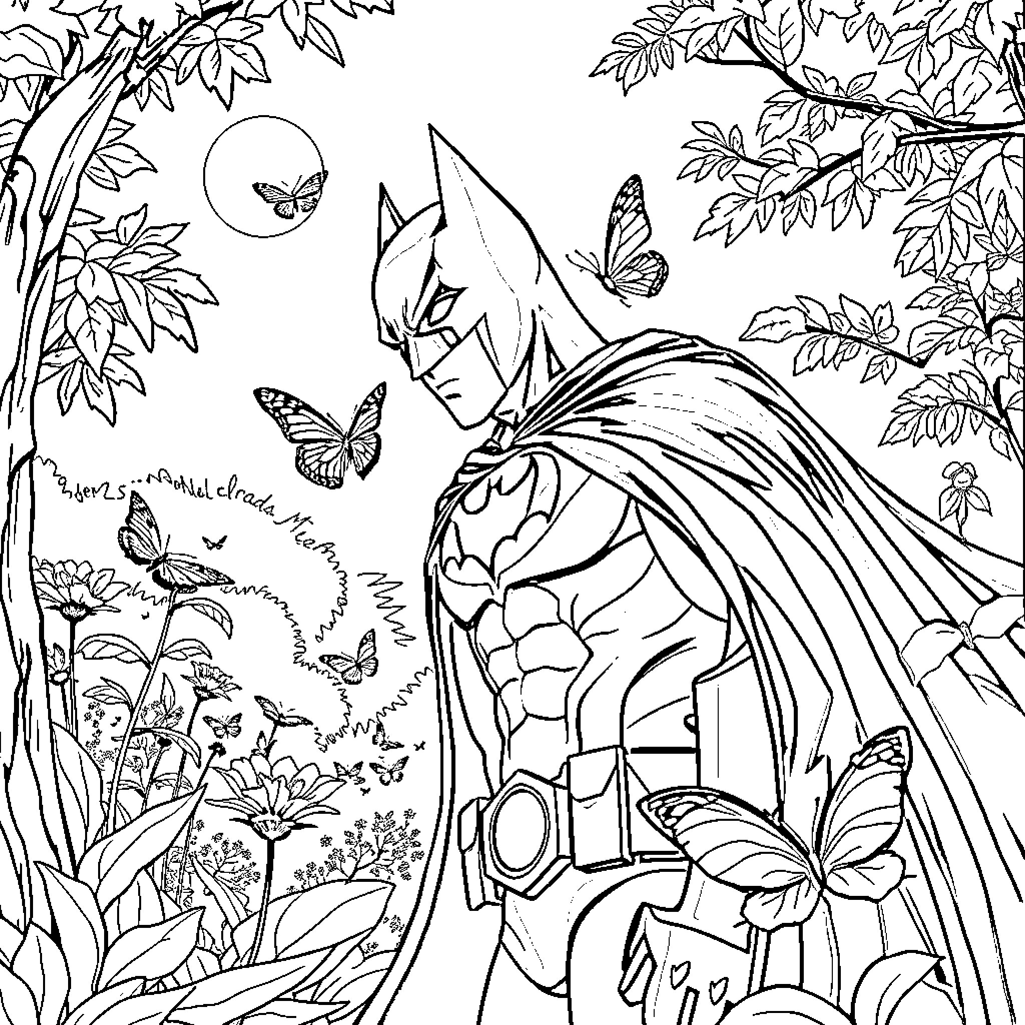 Batman in a Whimsical Woodland Wonderland Coloring Page (free black-and-white line drawing printable PDF for all, from beginners to advanced learners, including children, teens, adults, and seniors)