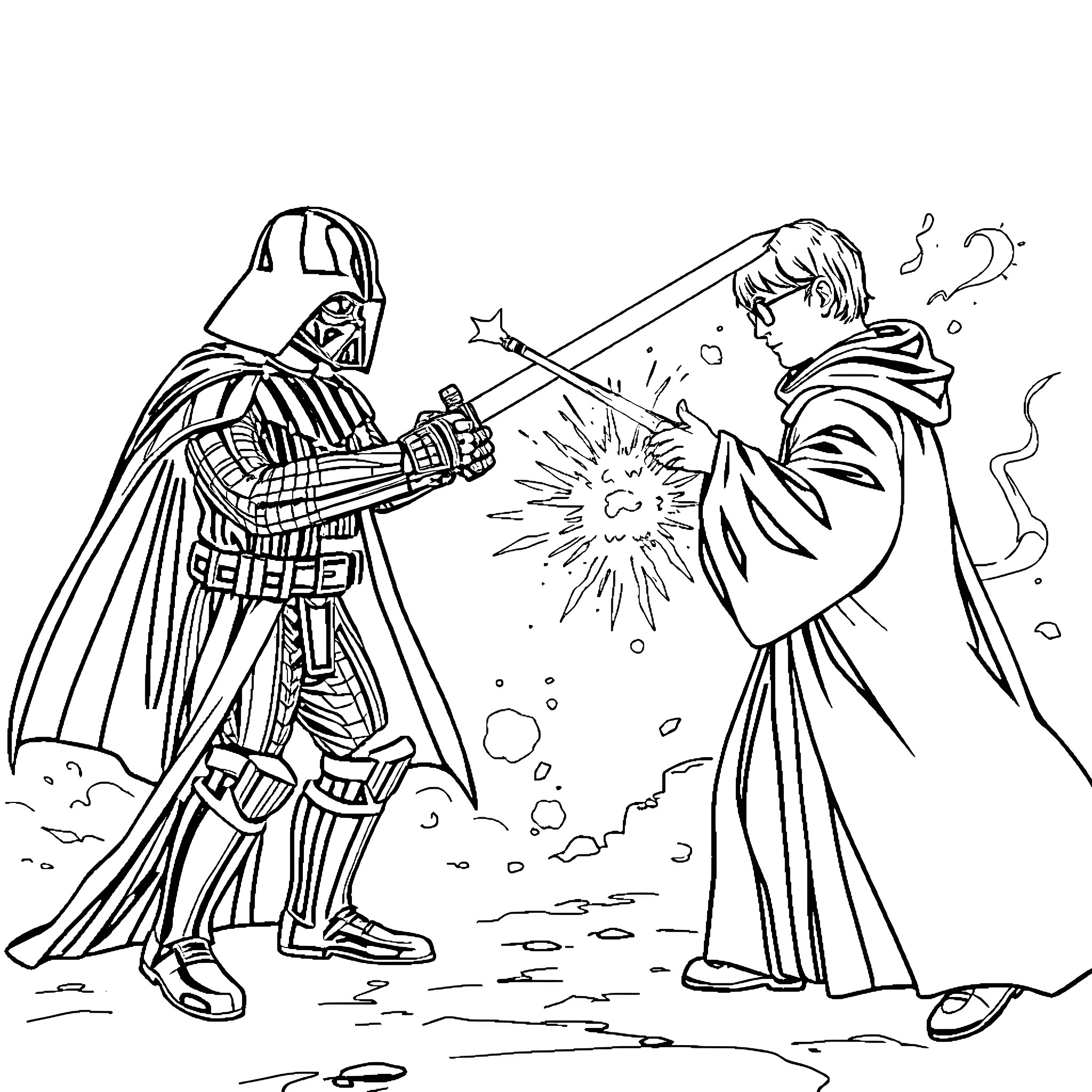 Duel of the Lightsabers Coloring Page (free black-and-white line drawing printable PDF for all, from beginners to advanced learners, including children, teens, adults, and seniors)
