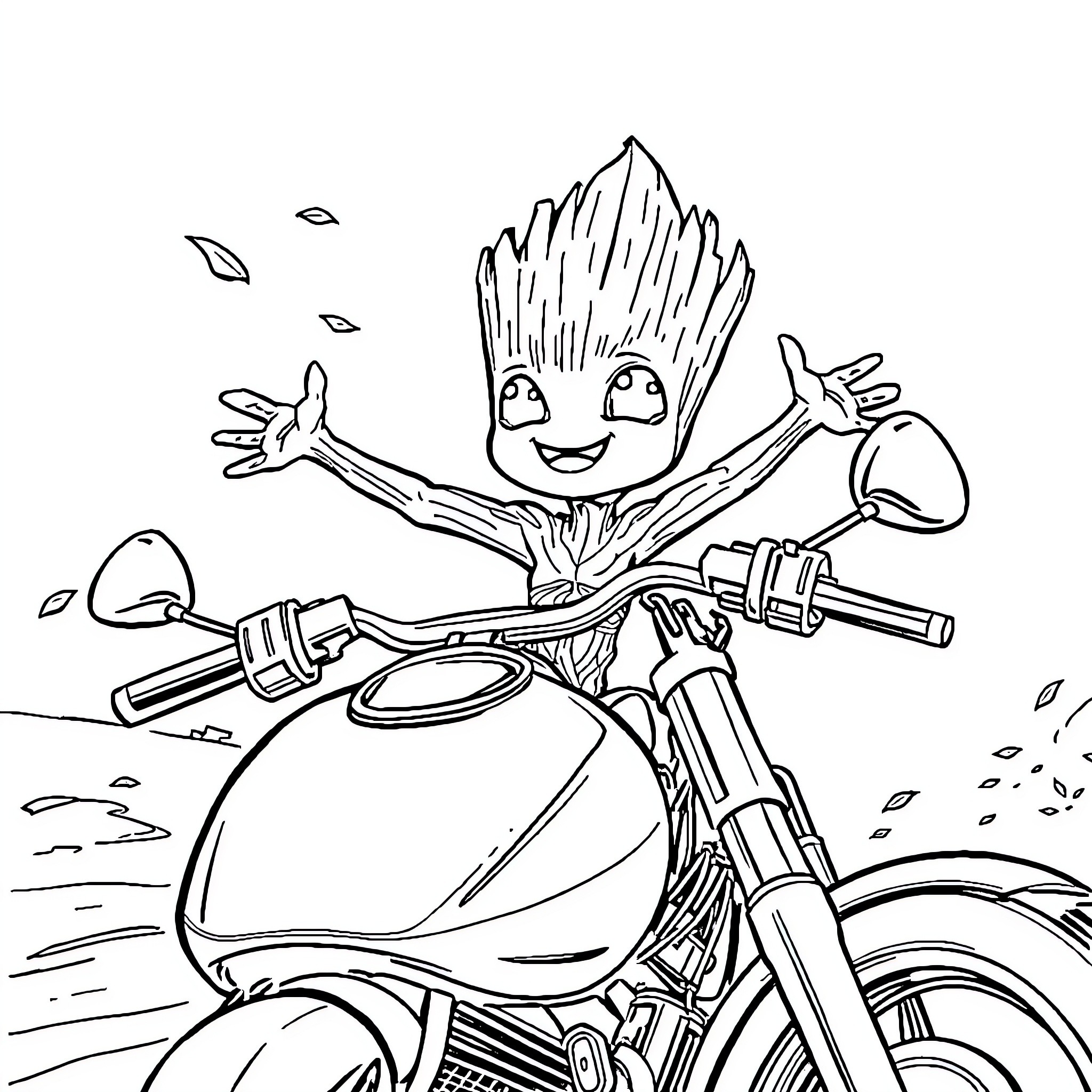 Baby Groot riding a motorcycle with enthusiasm Coloring Page (free black-and-white line drawing printable PDF for all, from beginners to advanced learners, including children, teens, adults, and seniors)
