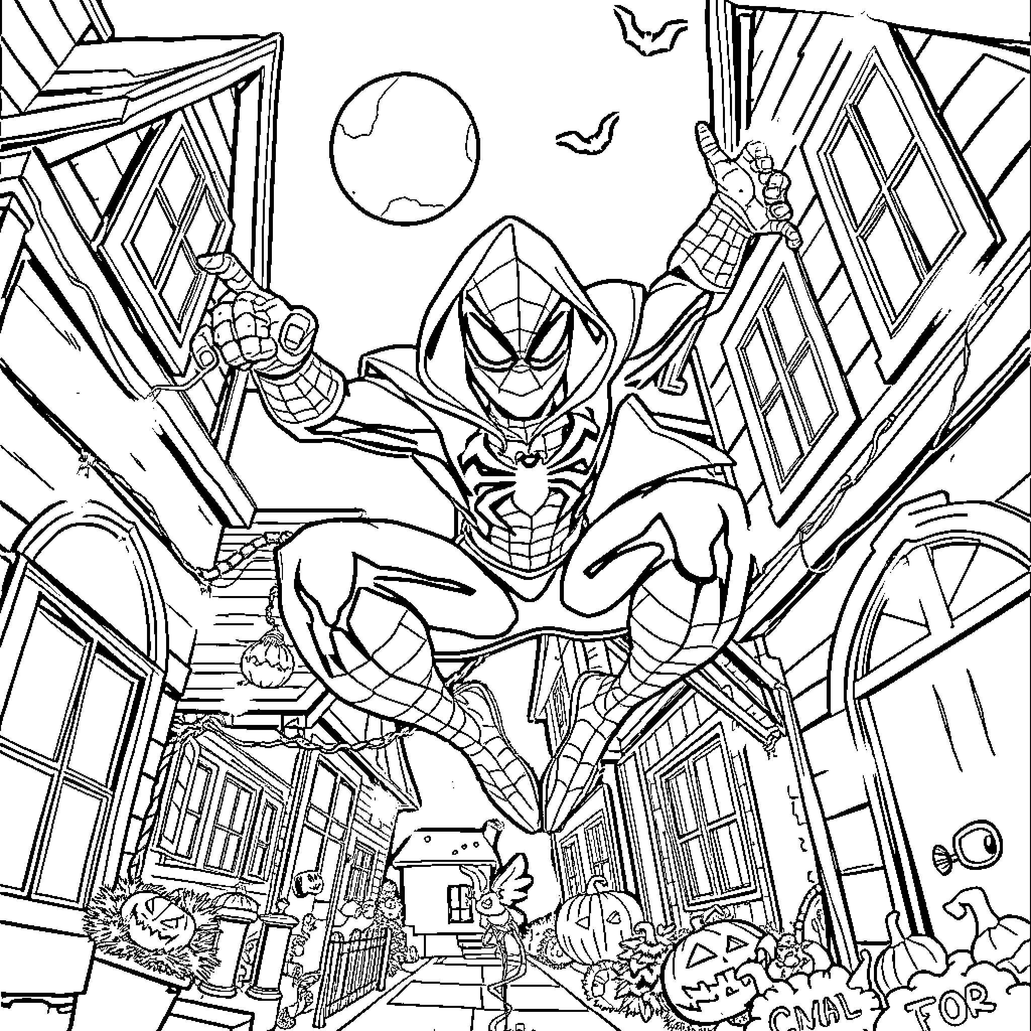 Spiderman swinging through the city at night Coloring Page (free black-and-white line drawing printable PDF for all, from beginners to advanced learners, including children, teens, adults, and seniors)