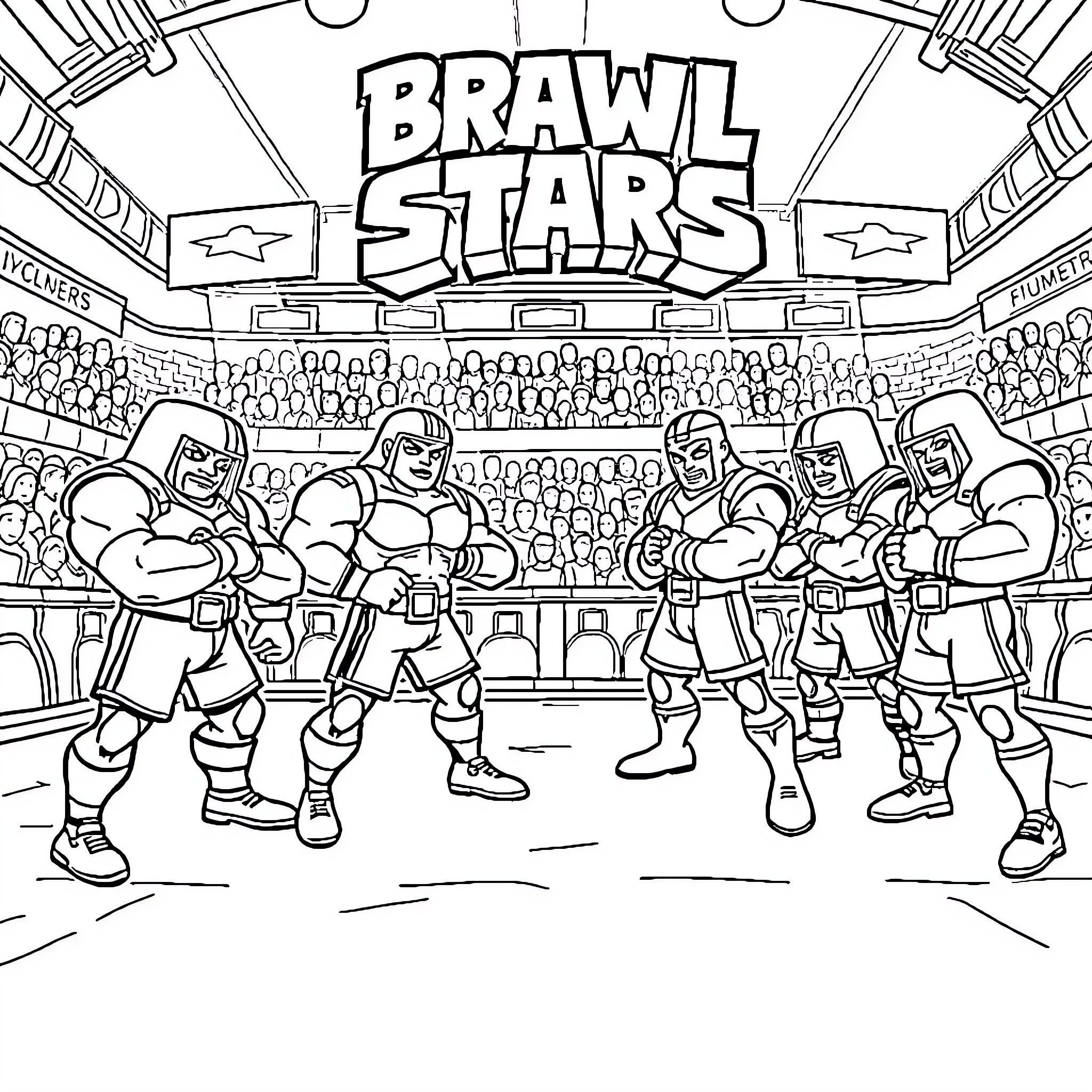 Brawler Stars: Muscular Fighters in an Arena Coloring Page (free black-and-white line drawing printable PDF for all, from beginners to advanced learners, including children, teens, adults, and seniors)