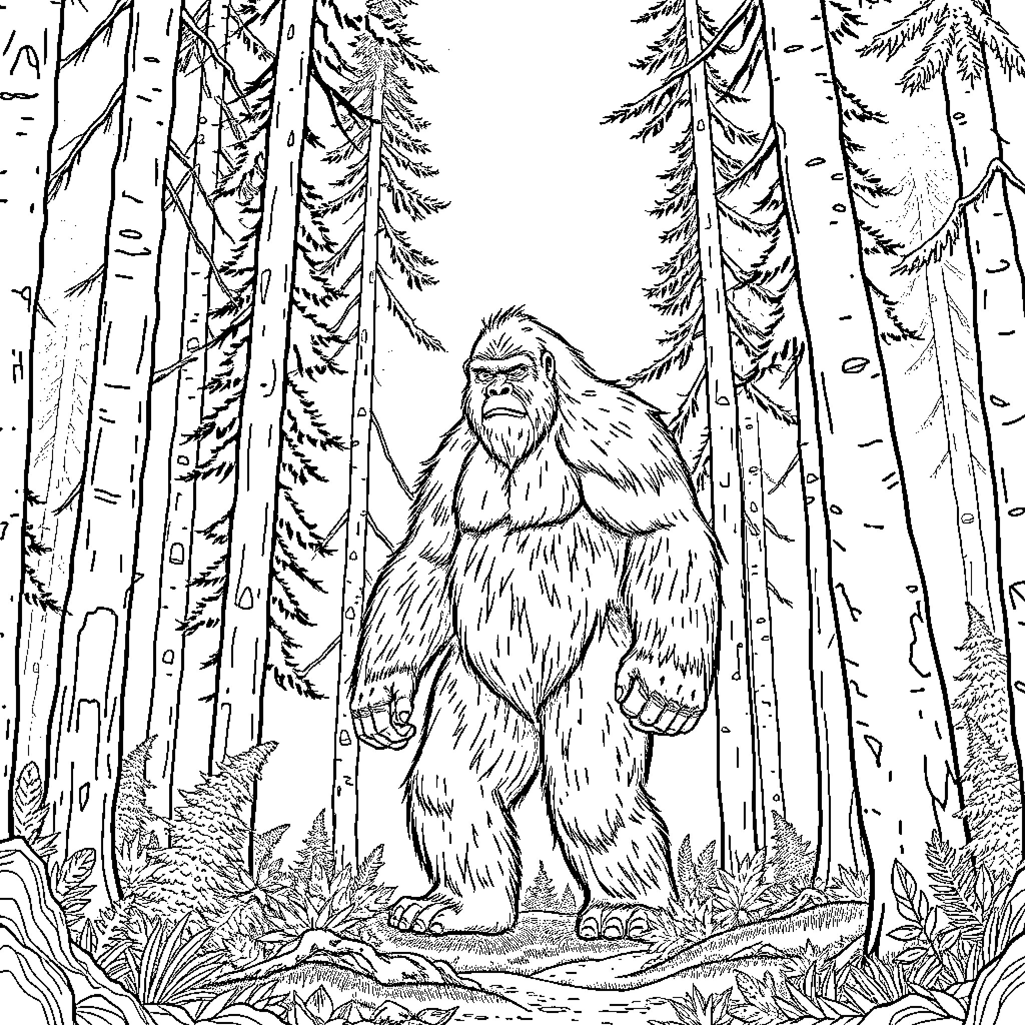 Sasquatch exploring the dense forest Coloring Page (free black-and-white line drawing printable PDF for all, from beginners to advanced learners, including children, teens, adults, and seniors)