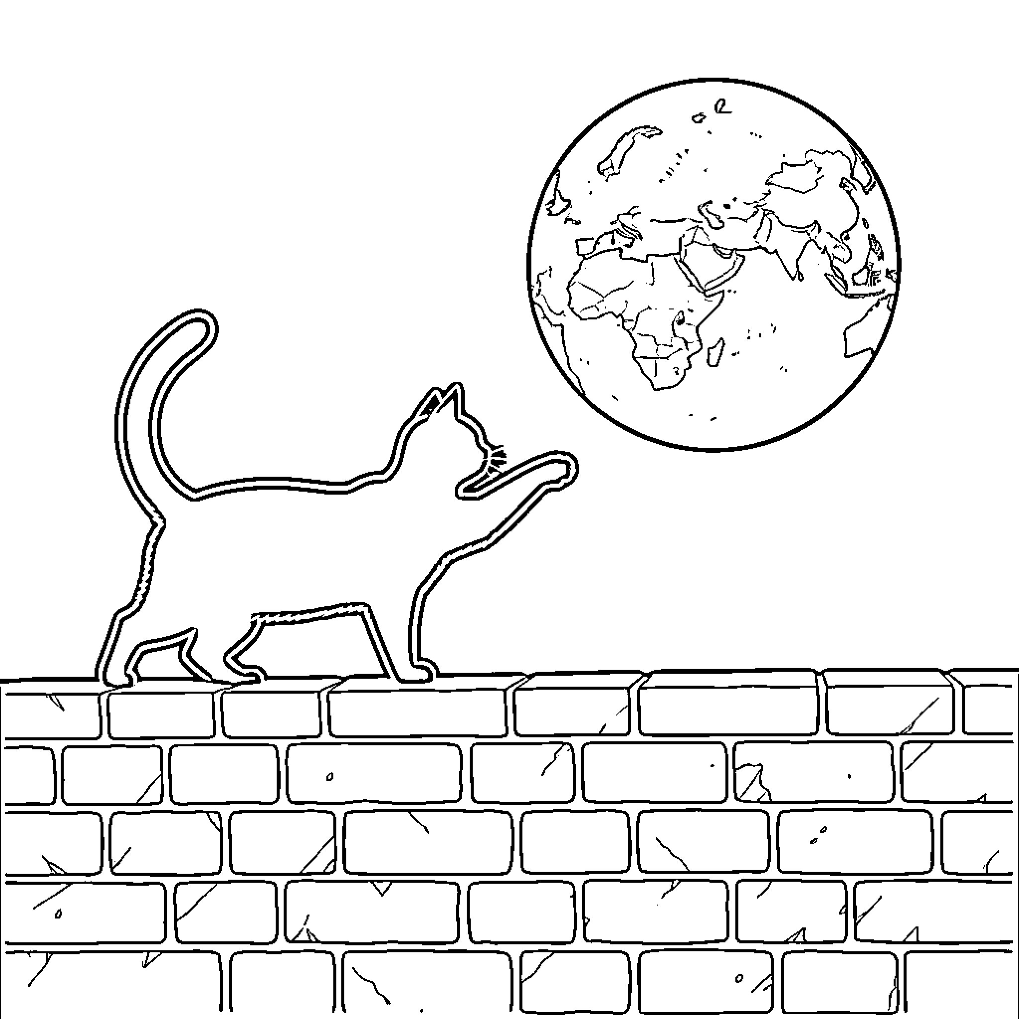 Cat on a brick wall observing the world Coloring Page (free black-and-white line drawing printable PDF for all, from beginners to advanced learners, including children, teens, adults, and seniors)
