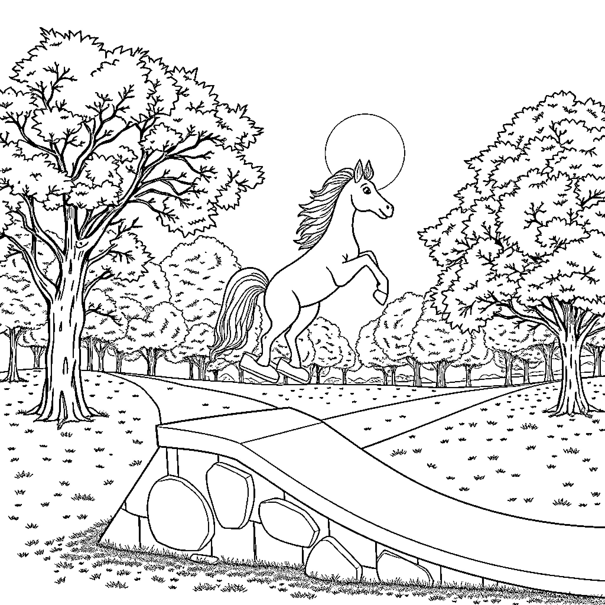 Skater Unicorn Galloping Gracefully in Moonlit Forest Coloring Page (free black-and-white line drawing printable PDF for all, from beginners to advanced learners, including children, teens, adults, and seniors)