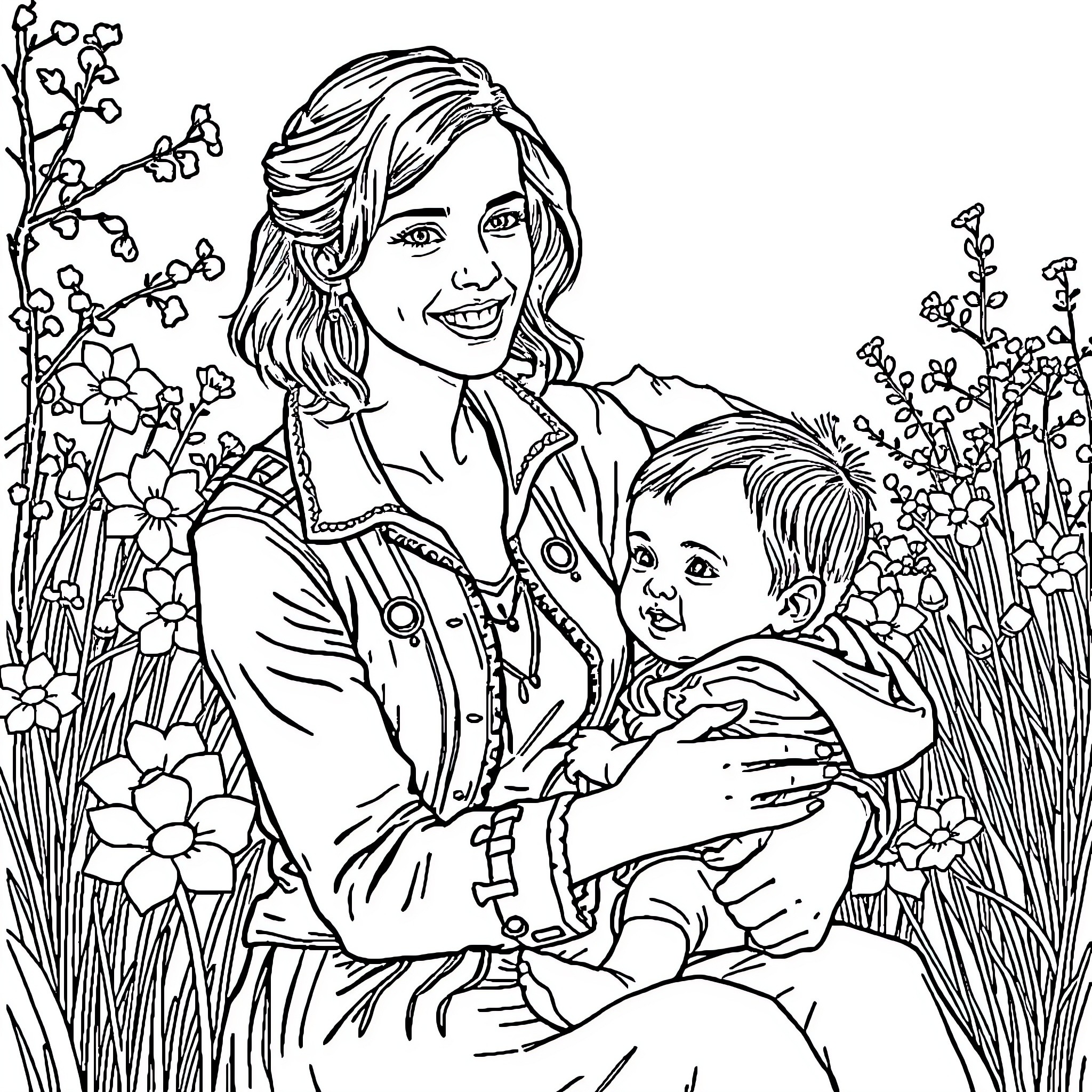 Emma Watson holding a child in a floral garden Coloring Page (free black-and-white line drawing printable PDF for all, from beginners to advanced learners, including children, teens, adults, and seniors)