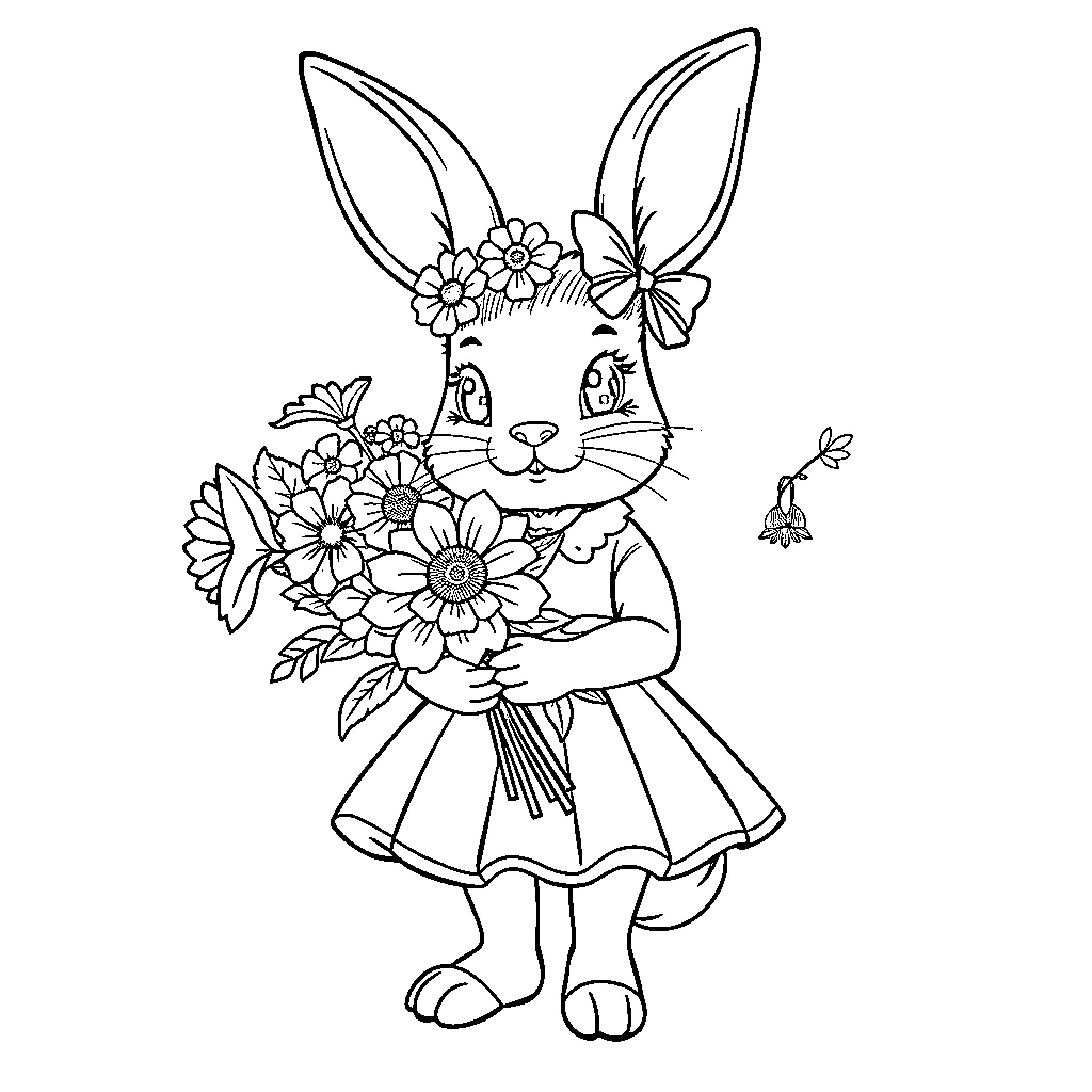 Bunny holding a bouquet of flowers Coloring Page (free black-and-white line drawing printable PDF for all, from beginners to advanced learners, including children, teens, adults, and seniors)