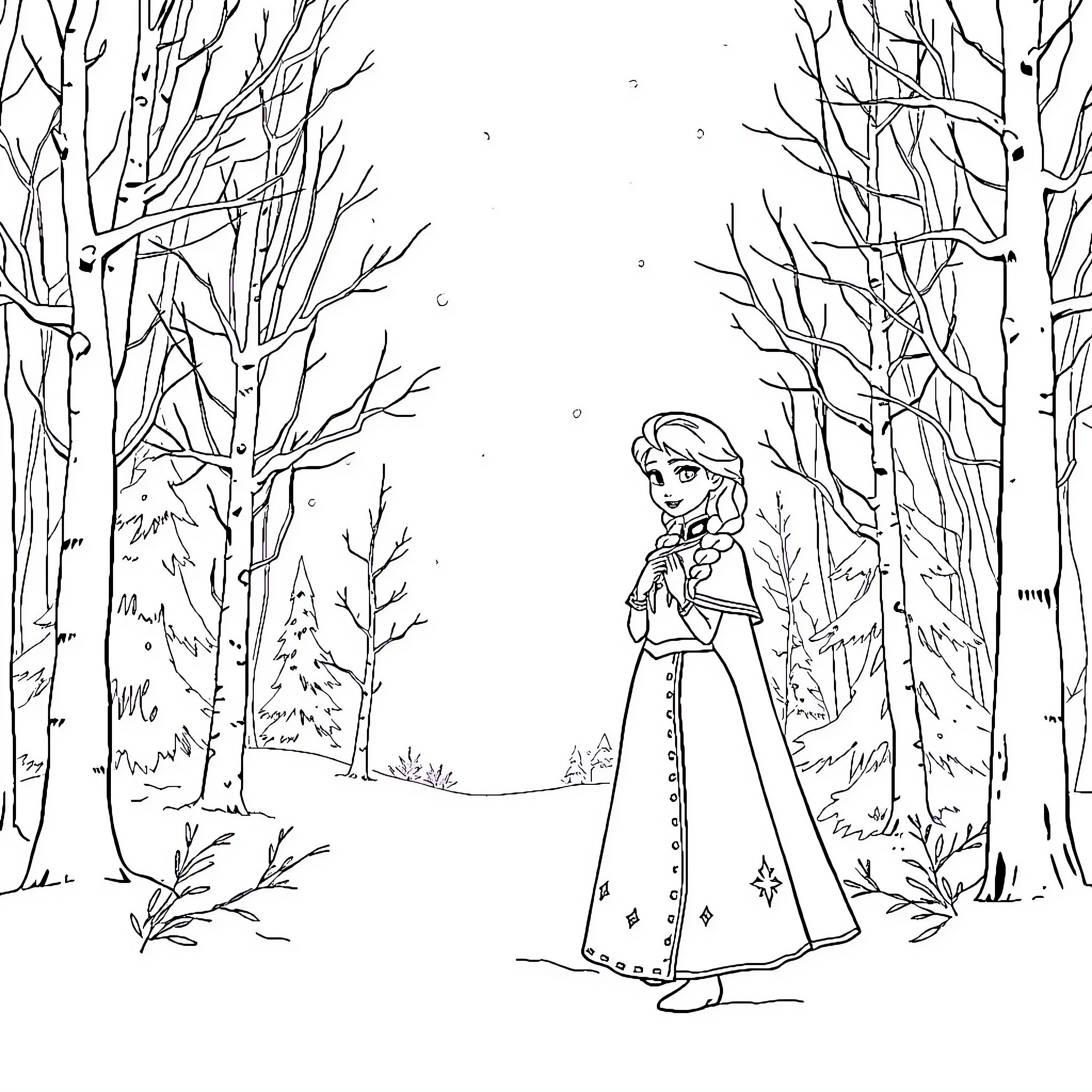 Anna and Elsa in a snowy forest Coloring Page (free black-and-white line drawing printable PDF for all, from beginners to advanced learners, including children, teens, adults, and seniors)