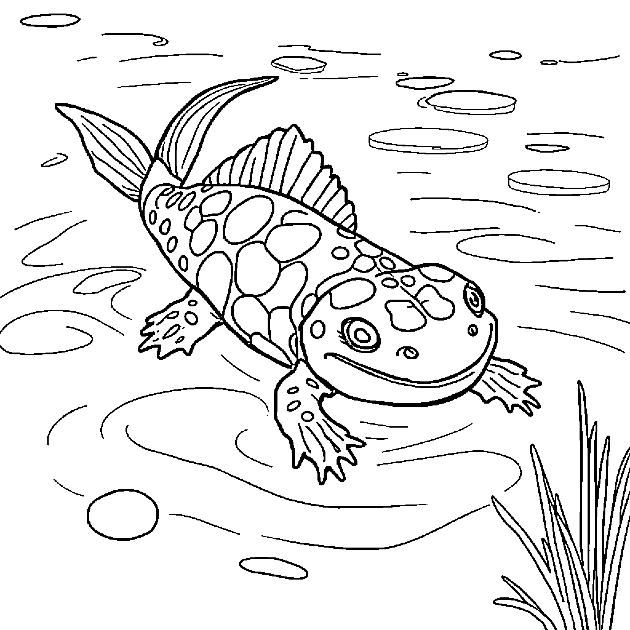 Axolotl swimming playfully in a pond Coloring Page (free black-and-white line drawing printable PDF for all, from beginners to advanced learners, including children, teens, adults, and seniors)