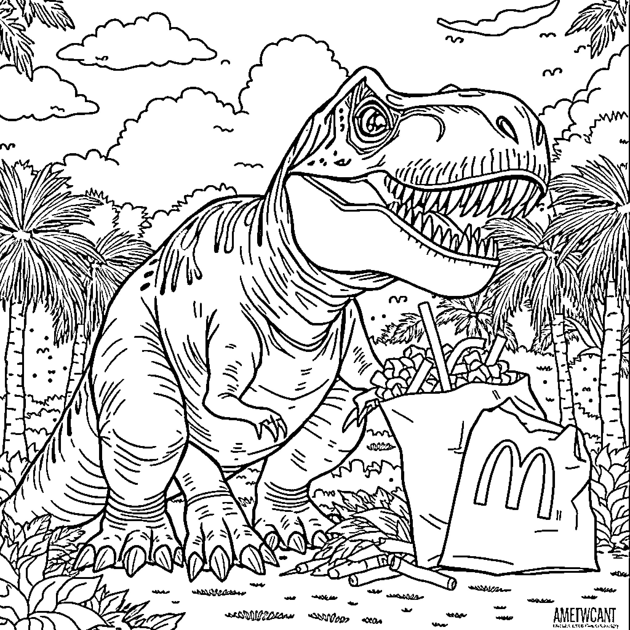 Tyrannosaurus Rex devouring fast food in prehistoric jungle Coloring Page (free black-and-white line drawing printable PDF for all, from beginners to advanced learners, including children, teens, adults, and seniors)