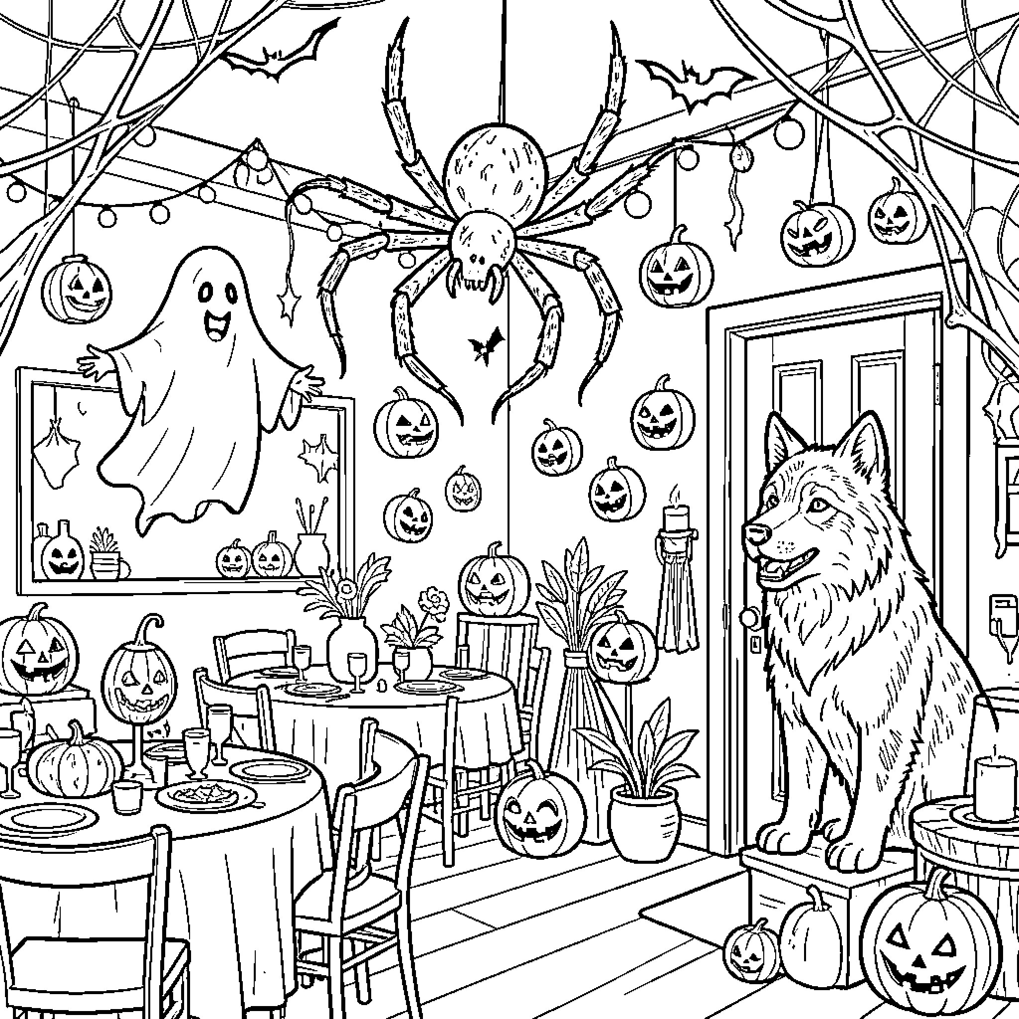 Halloween scene with a ghost, spider, and pumpkins Coloring Page (free black-and-white line drawing printable PDF for all, from beginners to advanced learners, including children, teens, adults, and seniors)