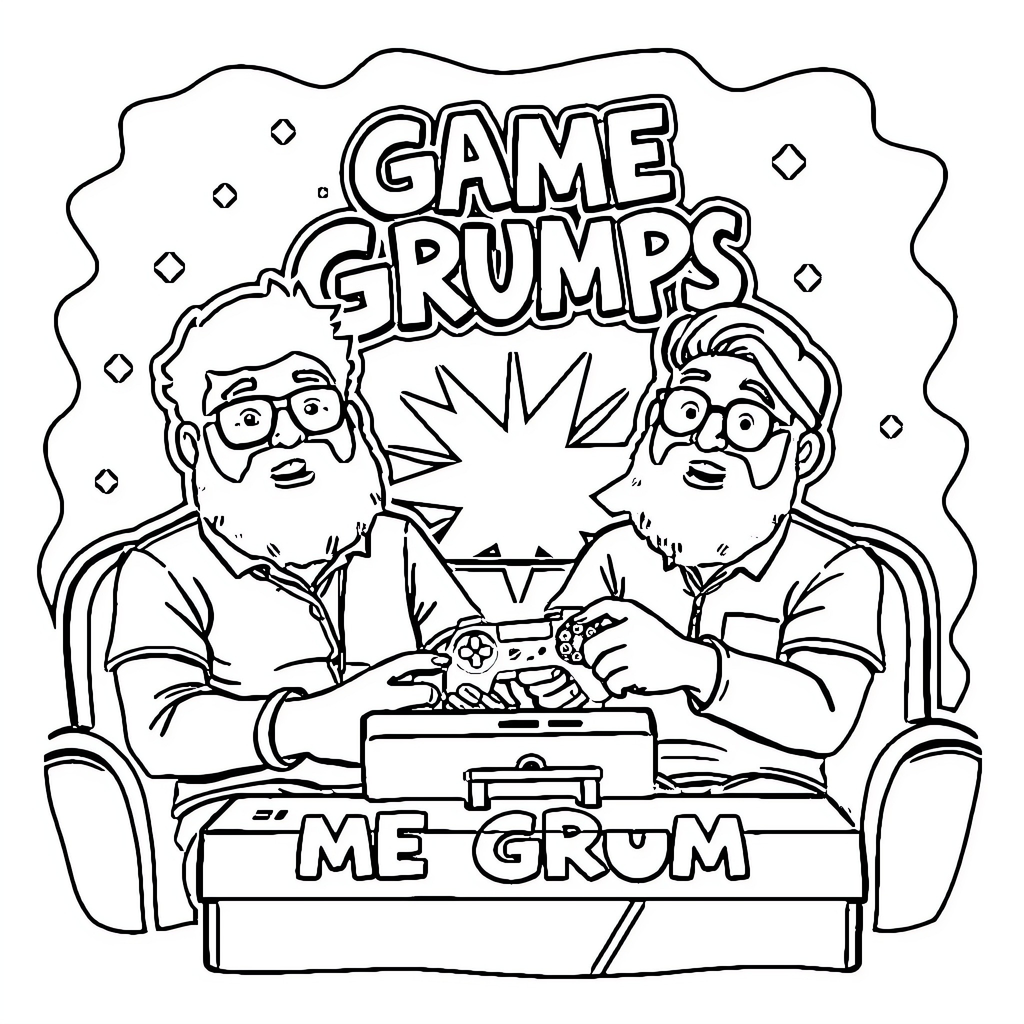Game Grumps Duo Enthusiastically Playing Video Game Coloring Page (free black-and-white line drawing printable PDF for all, from beginners to advanced learners, including children, teens, adults, and seniors)