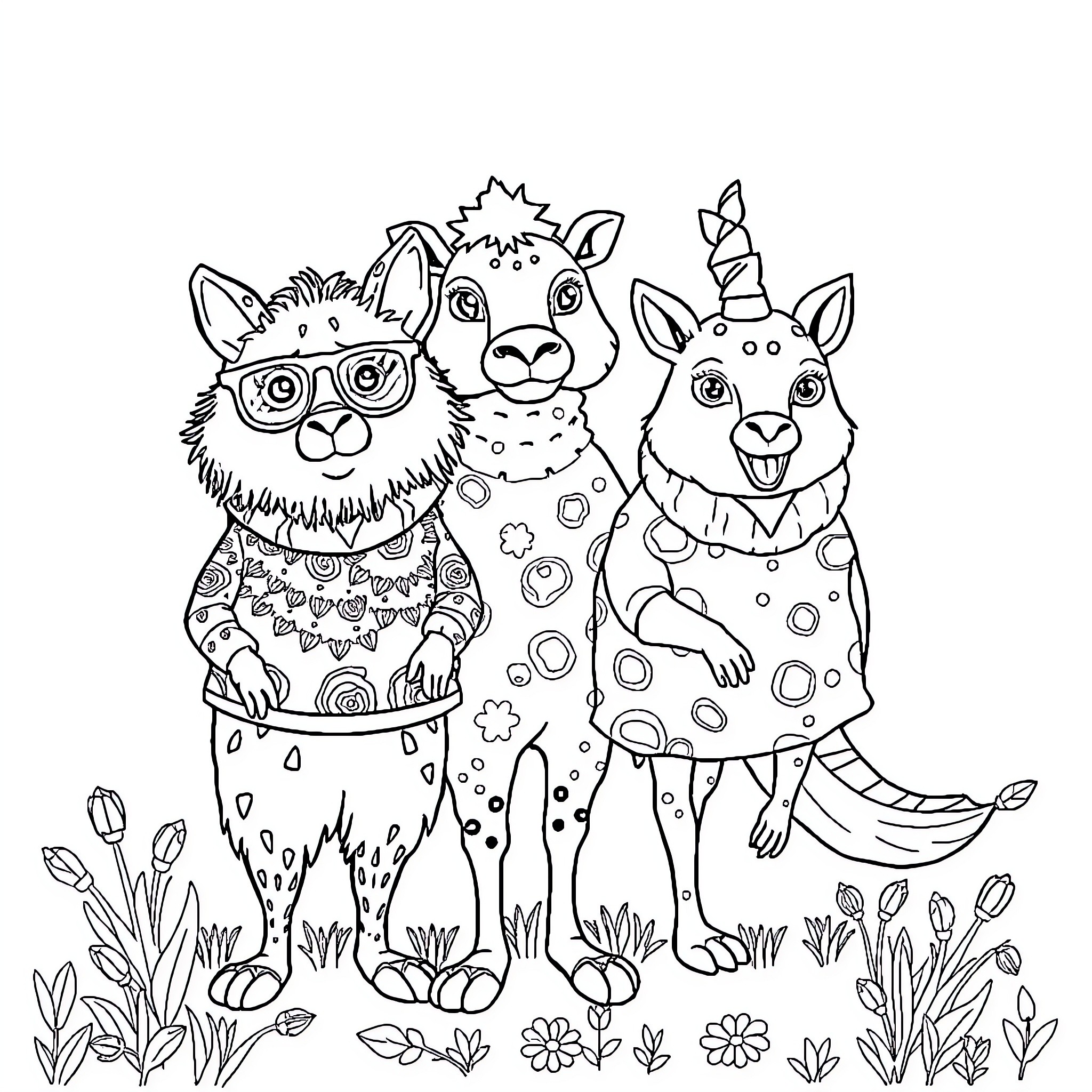 Animal Friends in Whimsical Outfits Coloring Page (free black-and-white line drawing printable PDF for all, from beginners to advanced learners, including children, teens, adults, and seniors)