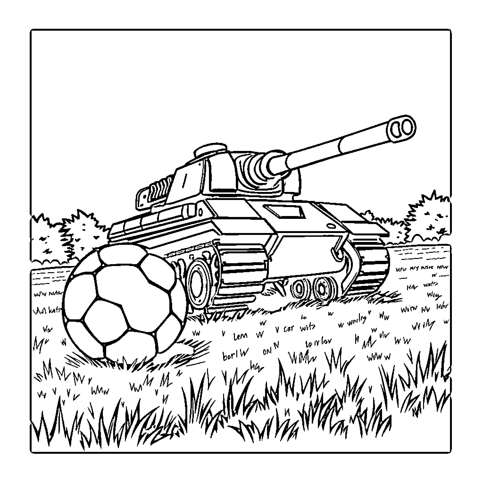 Tank in grassy field with soccer ball Coloring Page (free black-and-white line drawing printable PDF for all, from beginners to advanced learners, including children, teens, adults, and seniors)