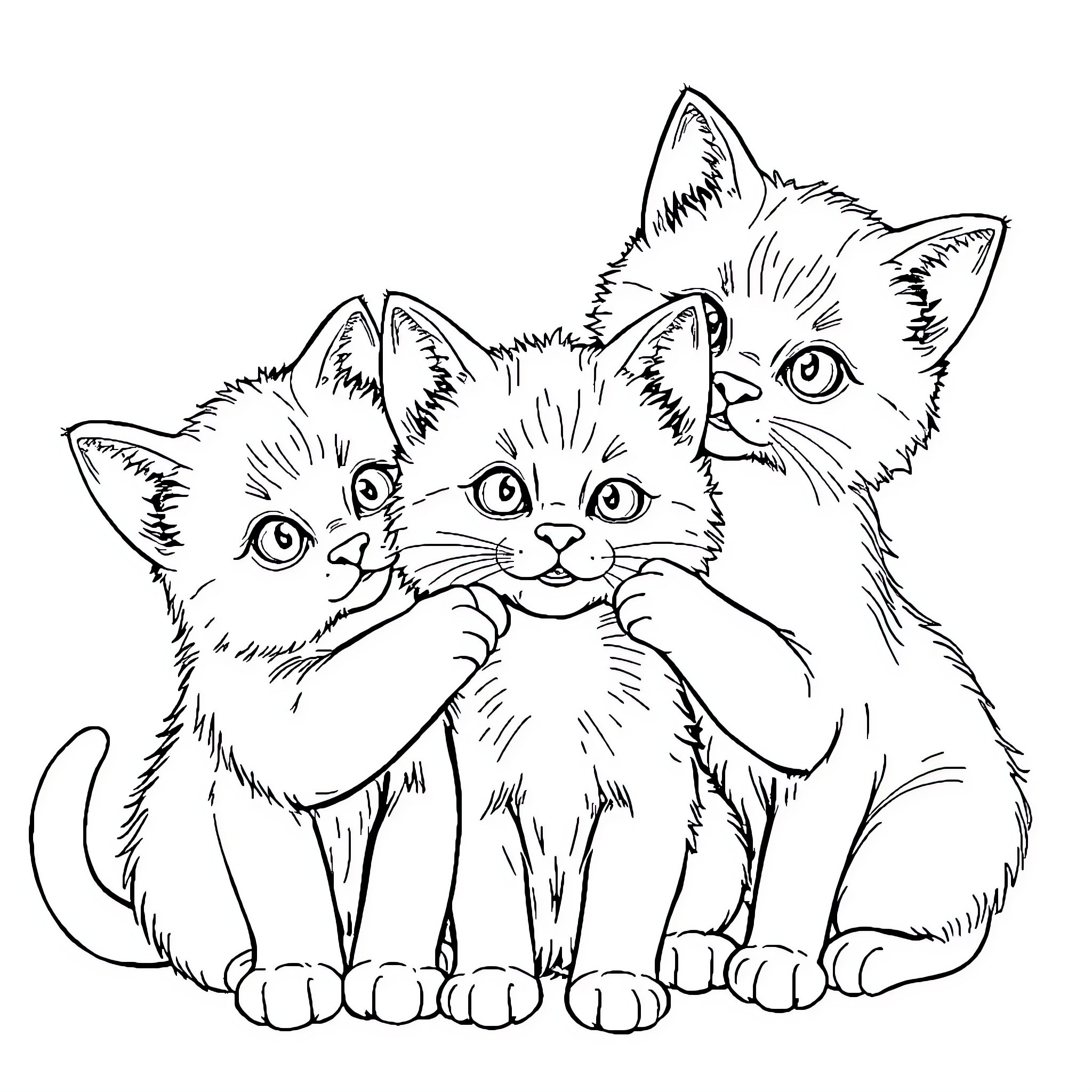 Cat Trio Sitting Together Adorably Coloring Page (free black-and-white line drawing printable PDF for all, from beginners to advanced learners, including children, teens, adults, and seniors)