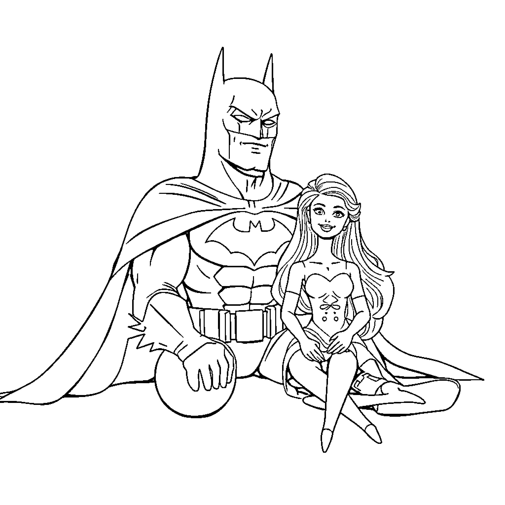 Batman with superhero companion in action pose Coloring Page (free black-and-white line drawing printable PDF for all, from beginners to advanced learners, including children, teens, adults, and seniors)