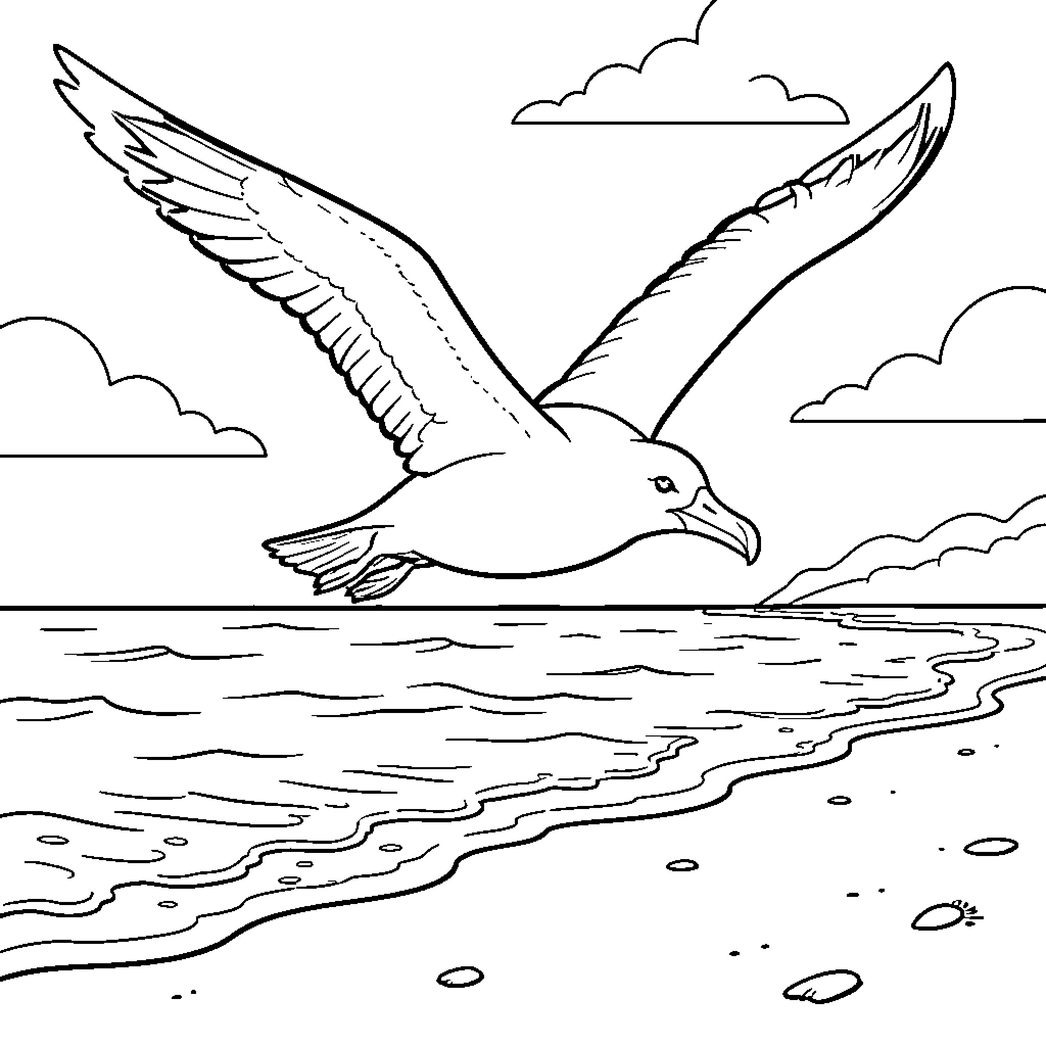 Albatross flying gracefully over the ocean waves Coloring Page (free black-and-white line drawing printable PDF for all, from beginners to advanced learners, including children, teens, adults, and seniors)