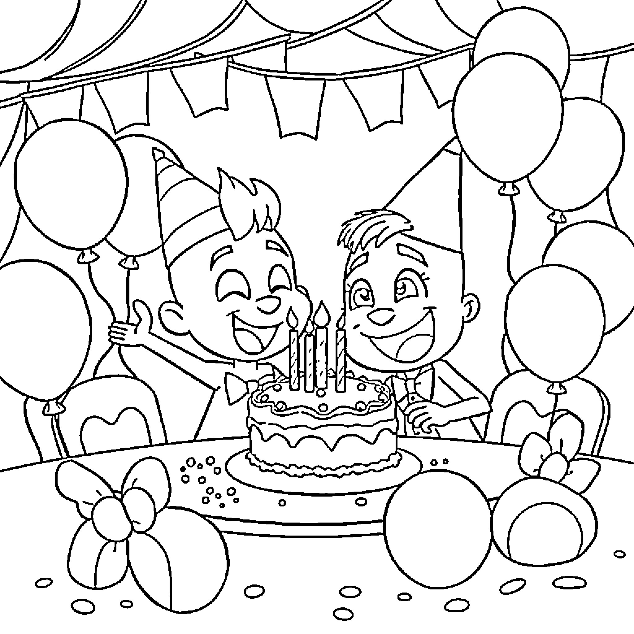 Bluey's Joyful Birthday Celebration Coloring Page (free black-and-white line drawing printable PDF for all, from beginners to advanced learners, including children, teens, adults, and seniors)