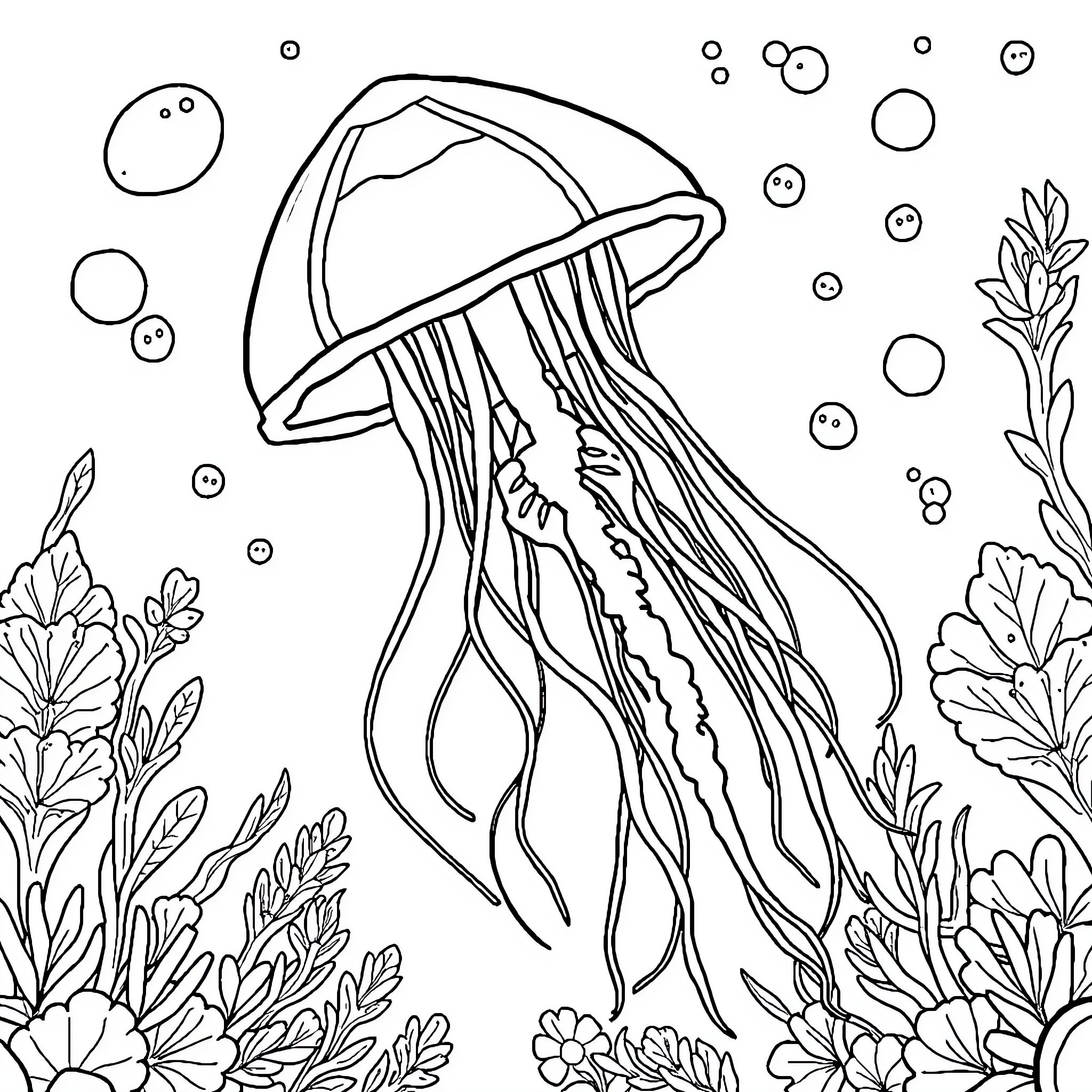 Jellyfish drifting gracefully through underwater seascape Coloring Page (free black-and-white line drawing printable PDF for all, from beginners to advanced learners, including children, teens, adults, and seniors)