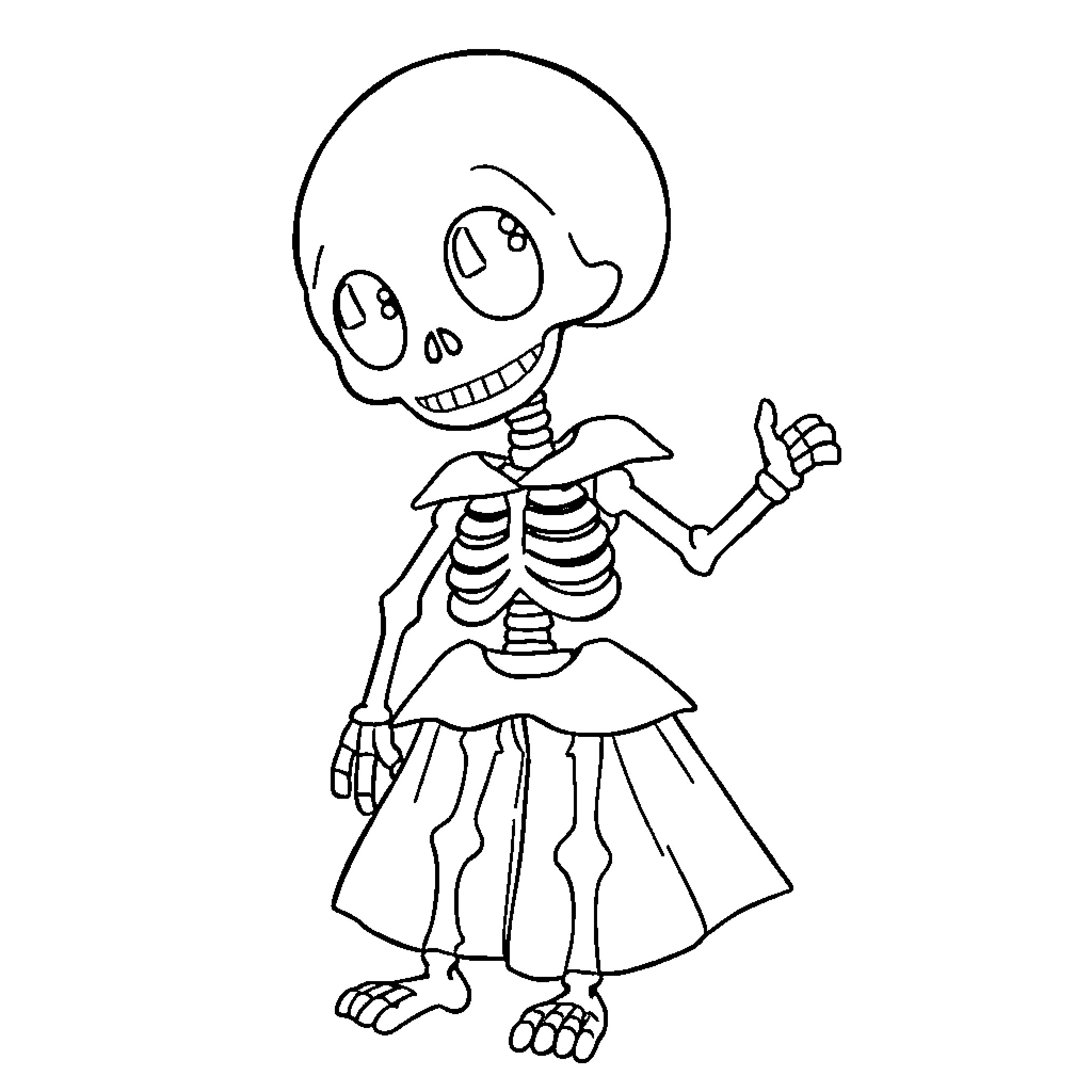 Skeleton posing cheerfully in dress Coloring Page (free black-and-white line drawing printable PDF for all, from beginners to advanced learners, including children, teens, adults, and seniors)