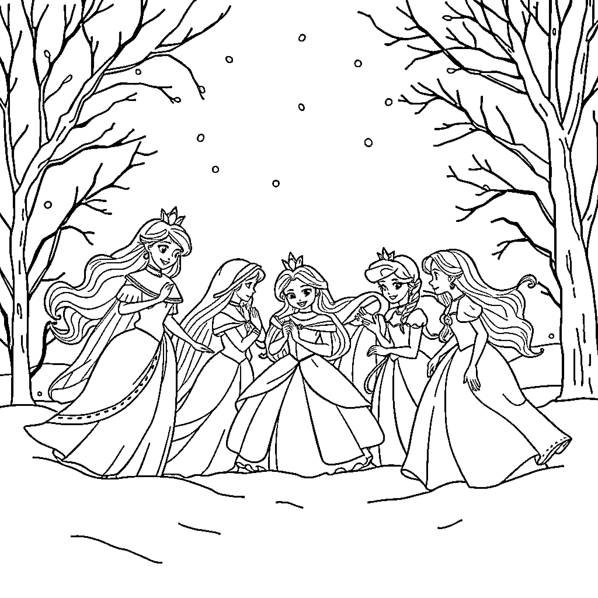 Princess Celebration in Wintry Woods Coloring Page (free black-and-white line drawing printable PDF for all, from beginners to advanced learners, including children, teens, adults, and seniors)