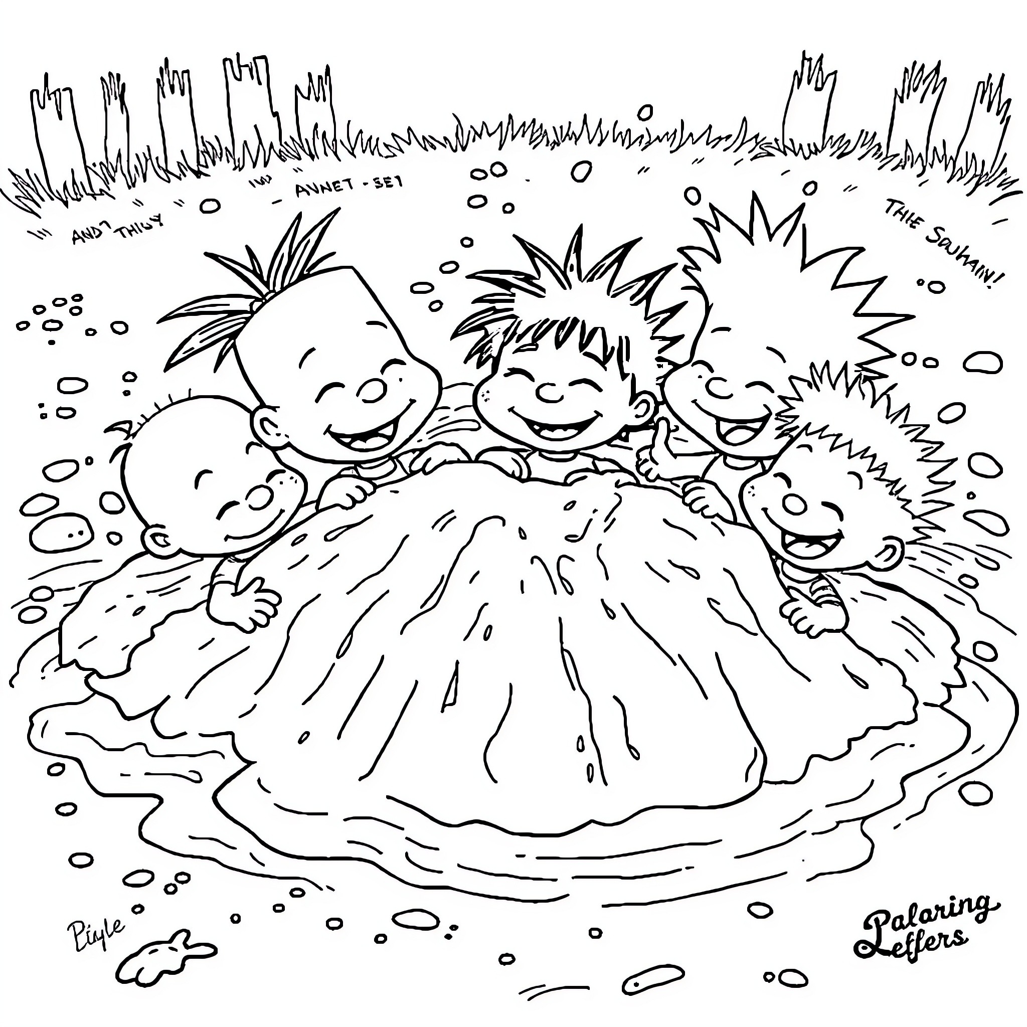 Rugrat friends playing in a puddle Coloring Page (free black-and-white line drawing printable PDF for all, from beginners to advanced learners, including children, teens, adults, and seniors)