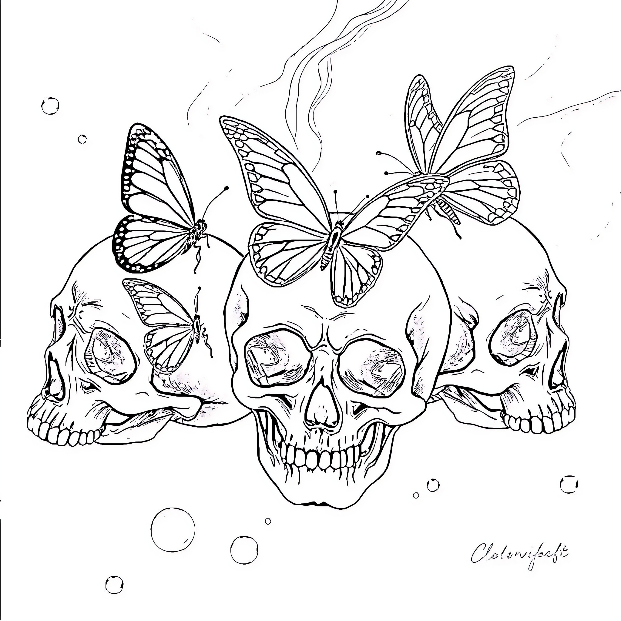 Butterfly Skulls and Metamorphosis Coloring Page (free black-and-white line drawing printable PDF for all, from beginners to advanced learners, including children, teens, adults, and seniors)