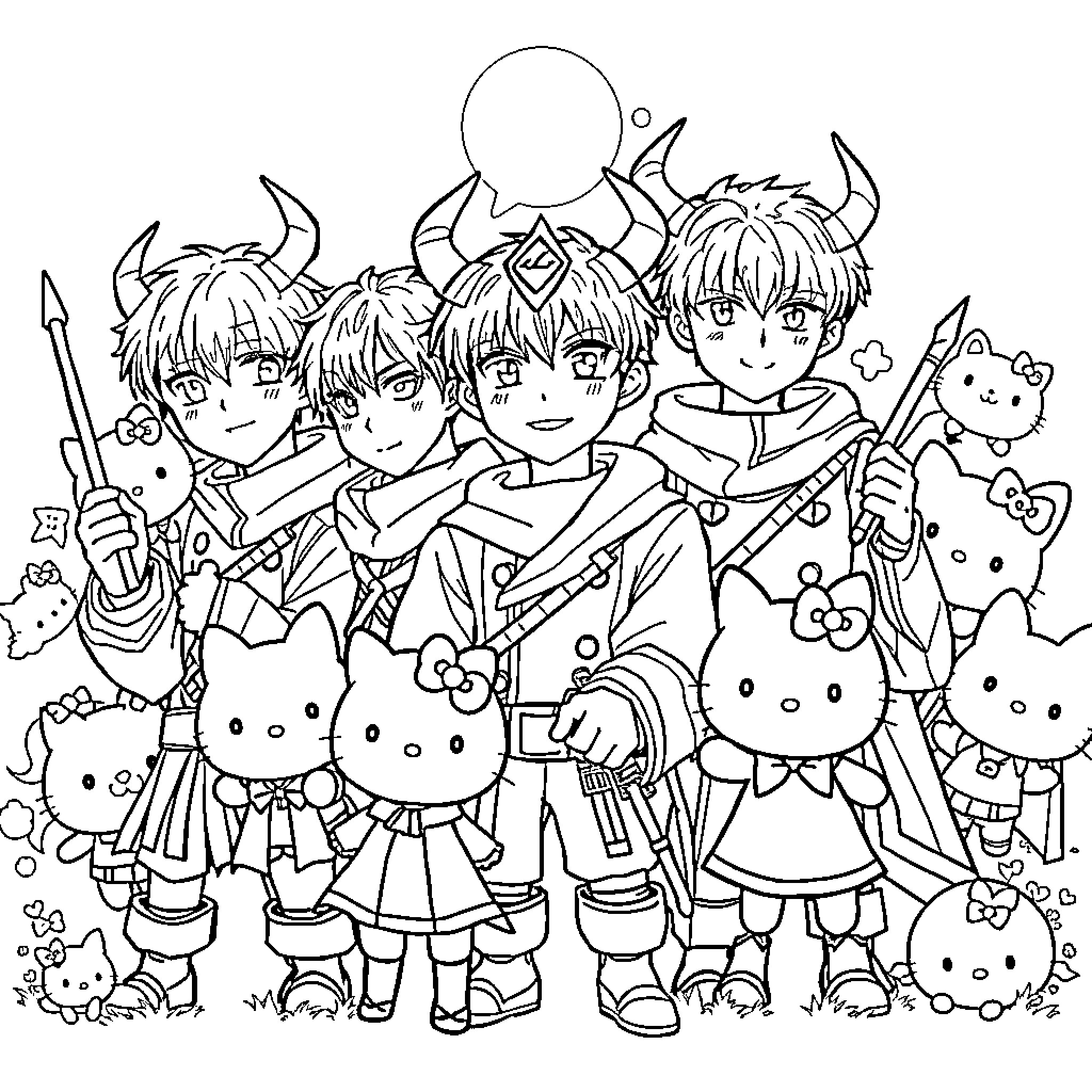 Saja Boys in Warrior Gear and Cute Companions Coloring Page (free black-and-white line drawing printable PDF for all, from beginners to advanced learners, including children, teens, adults, and seniors)
