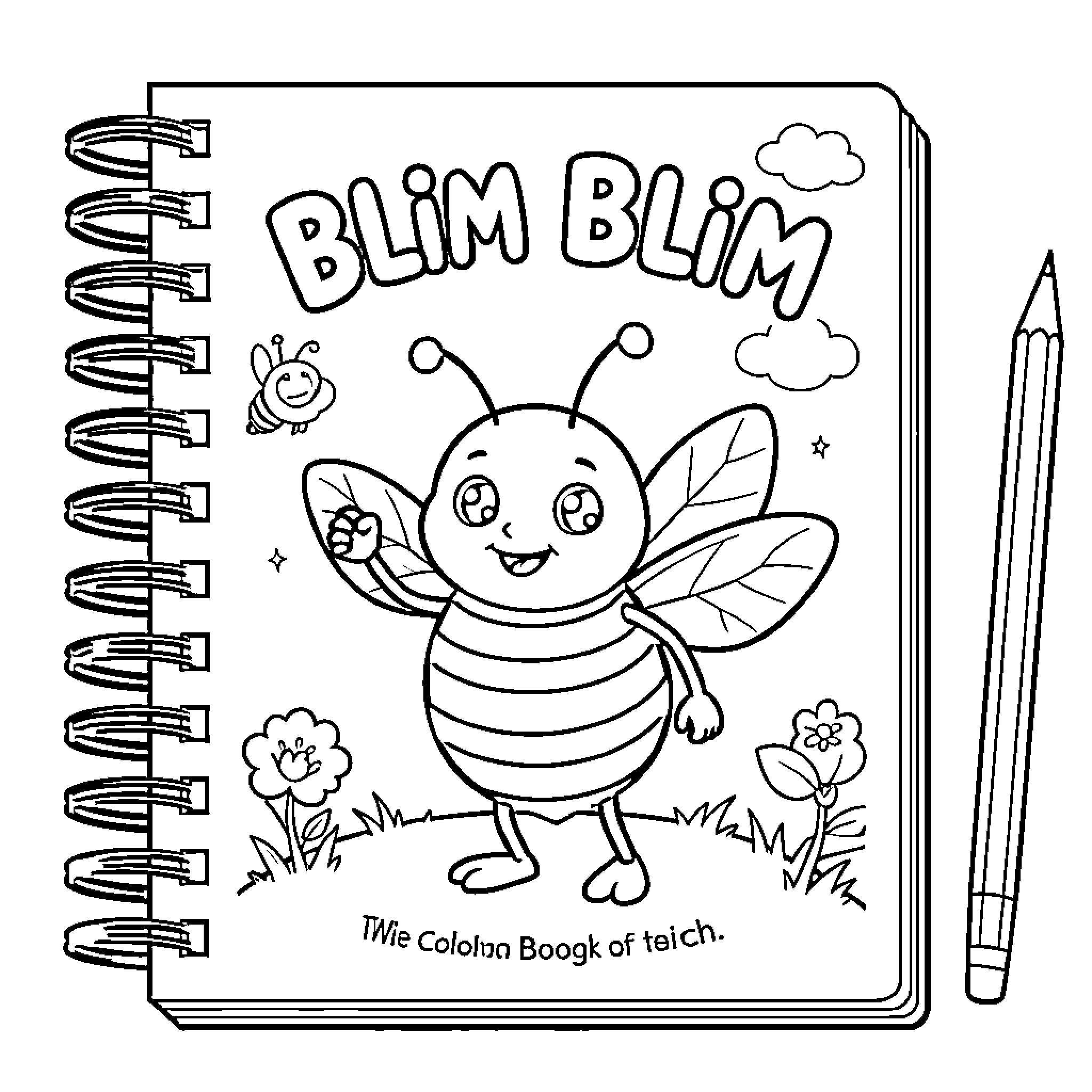 Abeja smiling happily inside a drawing notebook Coloring Page (free black-and-white line drawing printable PDF for all, from beginners to advanced learners, including children, teens, adults, and seniors)