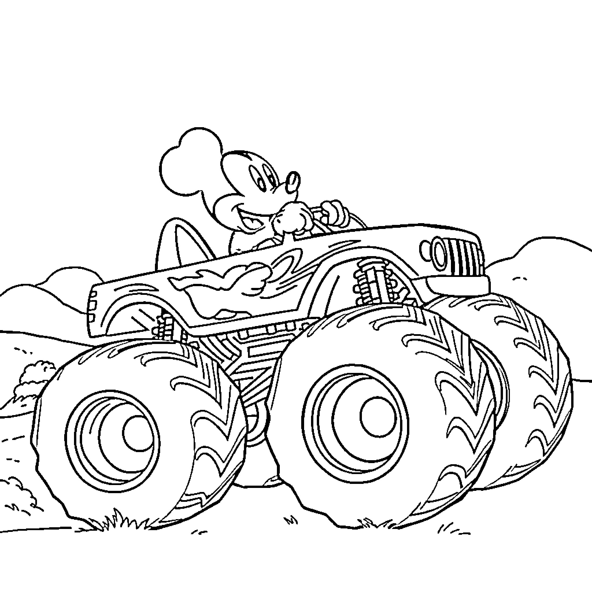 Mickey Mouse driving a monster truck in the mountains Coloring Page (free black-and-white line drawing printable PDF for all, from beginners to advanced learners, including children, teens, adults, and seniors)