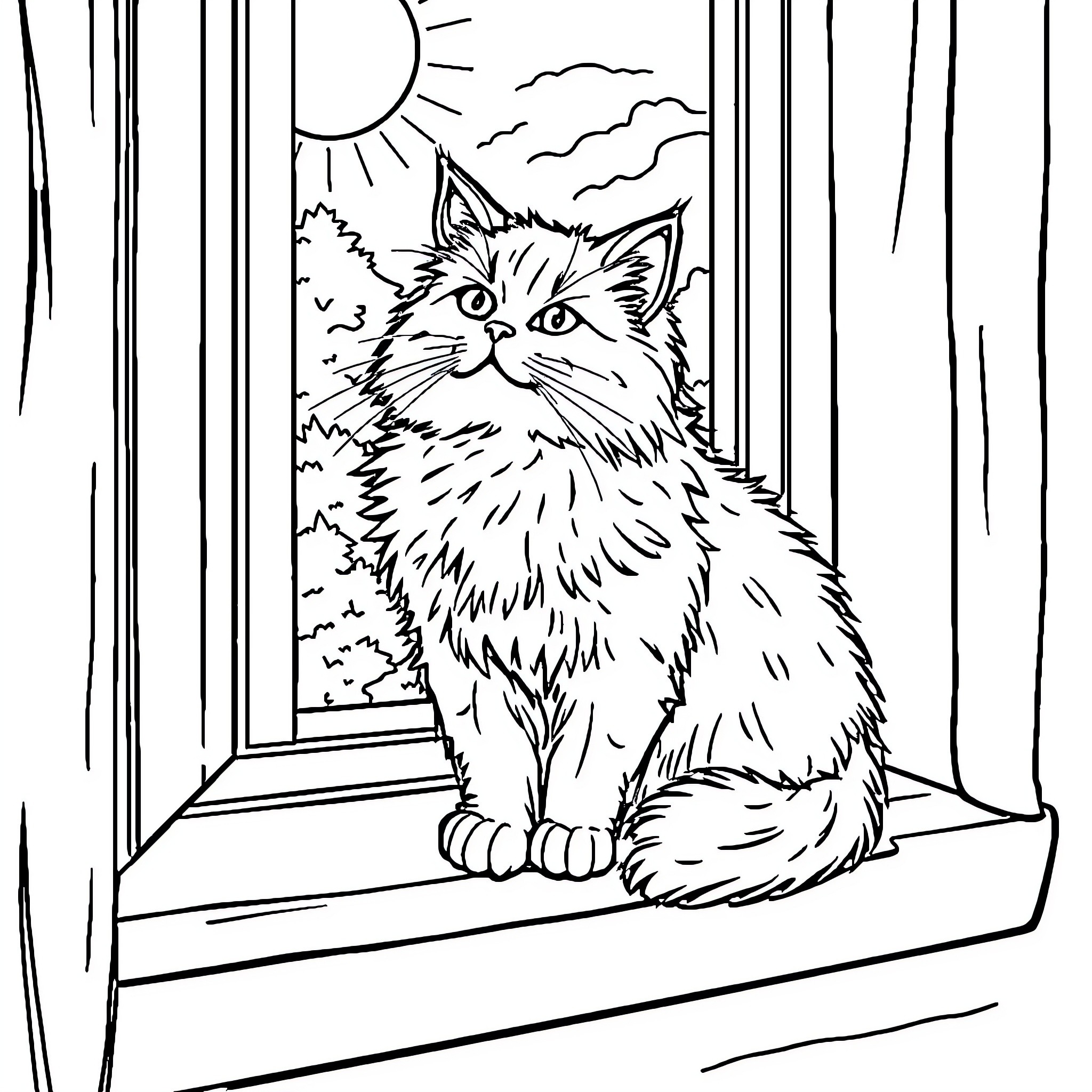 Cat observing nature through window Coloring Page (free black-and-white line drawing printable PDF for all, from beginners to advanced learners, including children, teens, adults, and seniors)