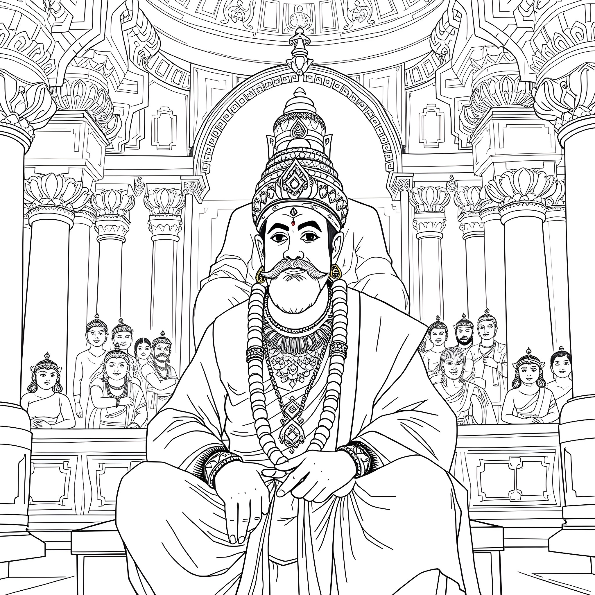Pushpadanta: Majestic Deity Seated Amidst Intricate Architectural Grandeur Coloring Page (free black-and-white line drawing printable PDF for all, from beginners to advanced learners, including children, teens, adults, and seniors)