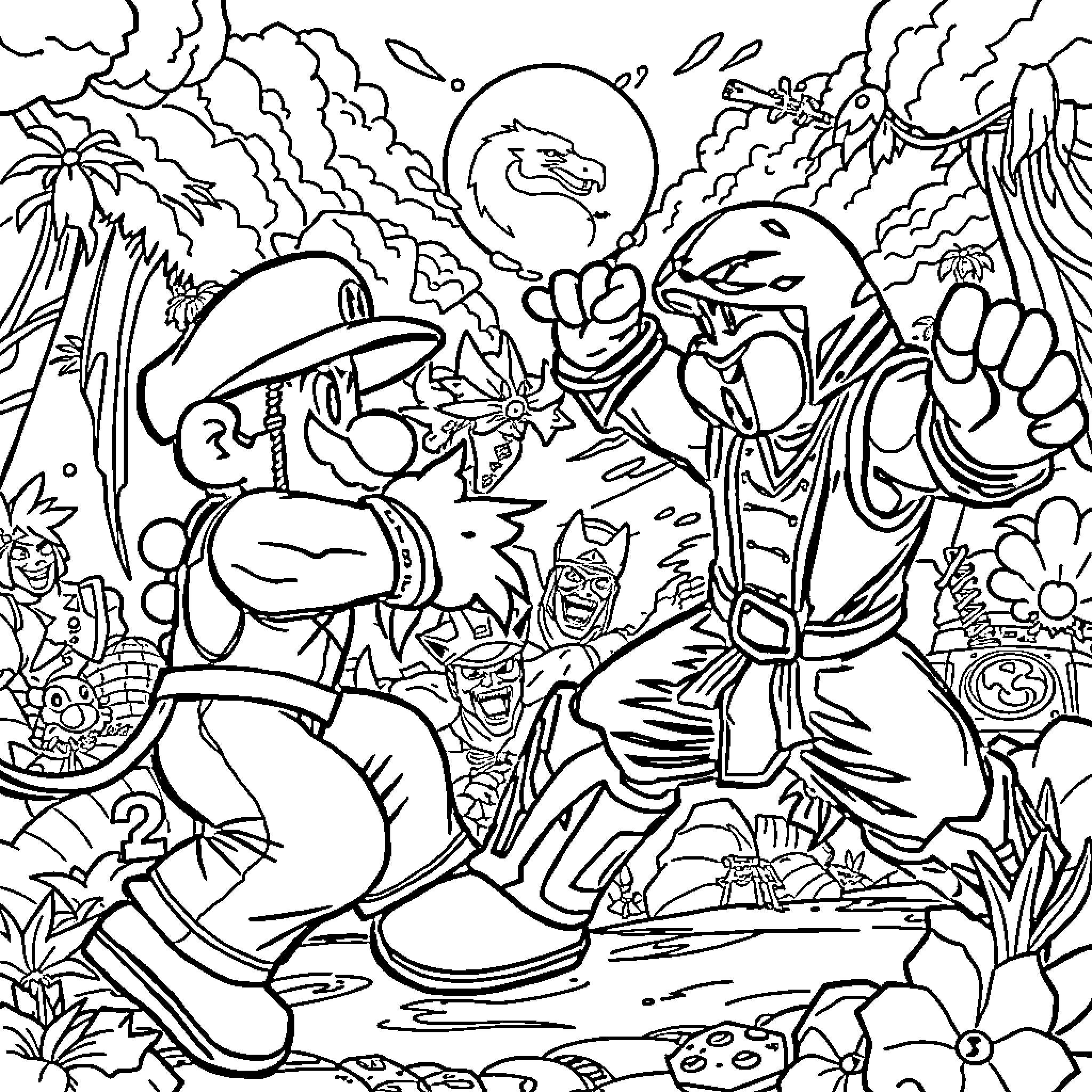 Mortal Kombat: Epic Battle in Tropical Landscape Coloring Page (free black-and-white line drawing printable PDF for all, from beginners to advanced learners, including children, teens, adults, and seniors)