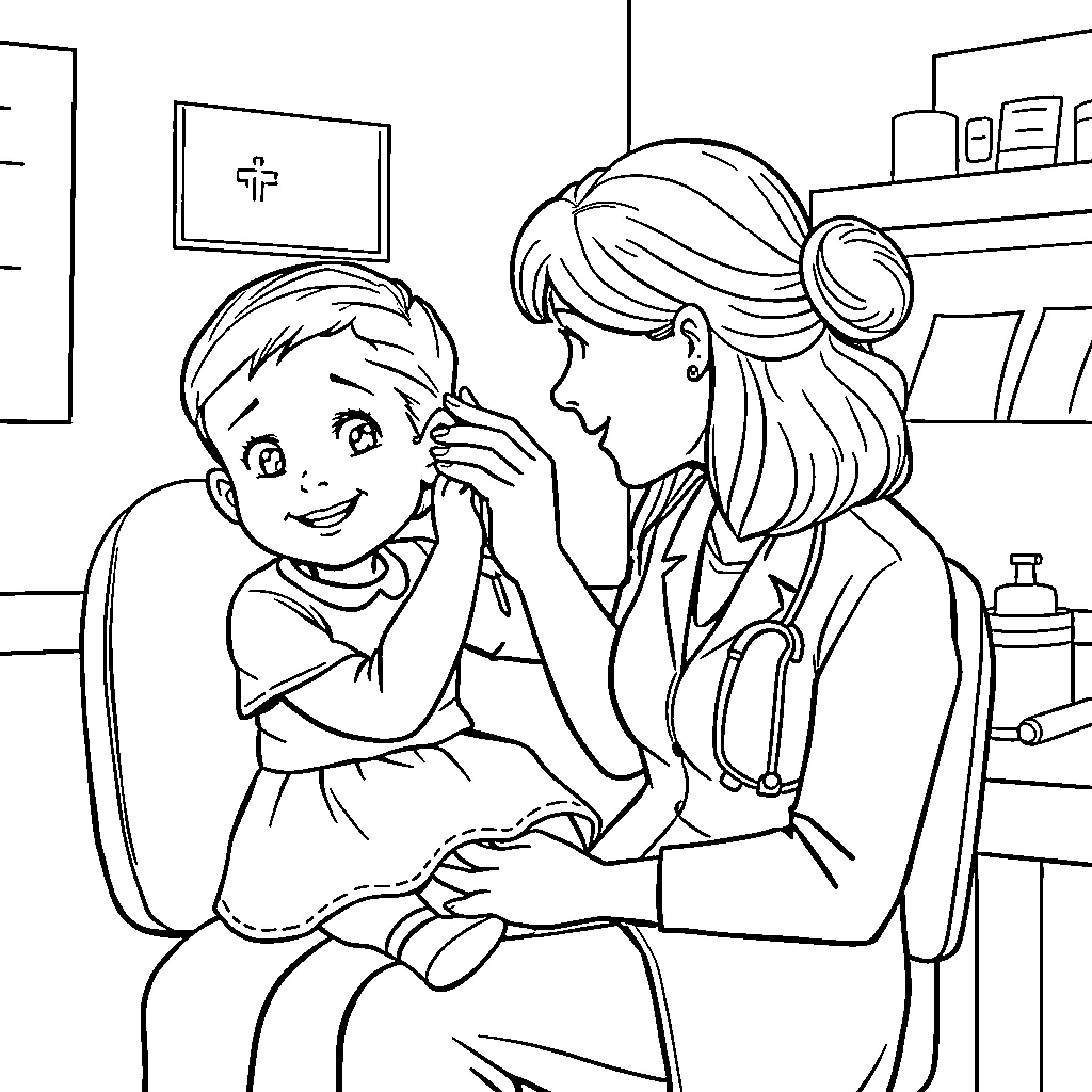 Girl receiving medical attention from a nurse Coloring Page (free black-and-white line drawing printable PDF for all, from beginners to advanced learners, including children, teens, adults, and seniors)
