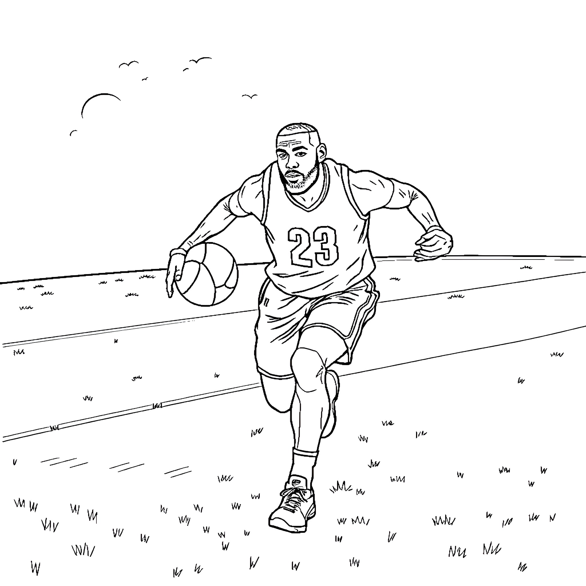 LeBron James playing basketball on the court Coloring Page (free black-and-white line drawing printable PDF for all, from beginners to advanced learners, including children, teens, adults, and seniors)