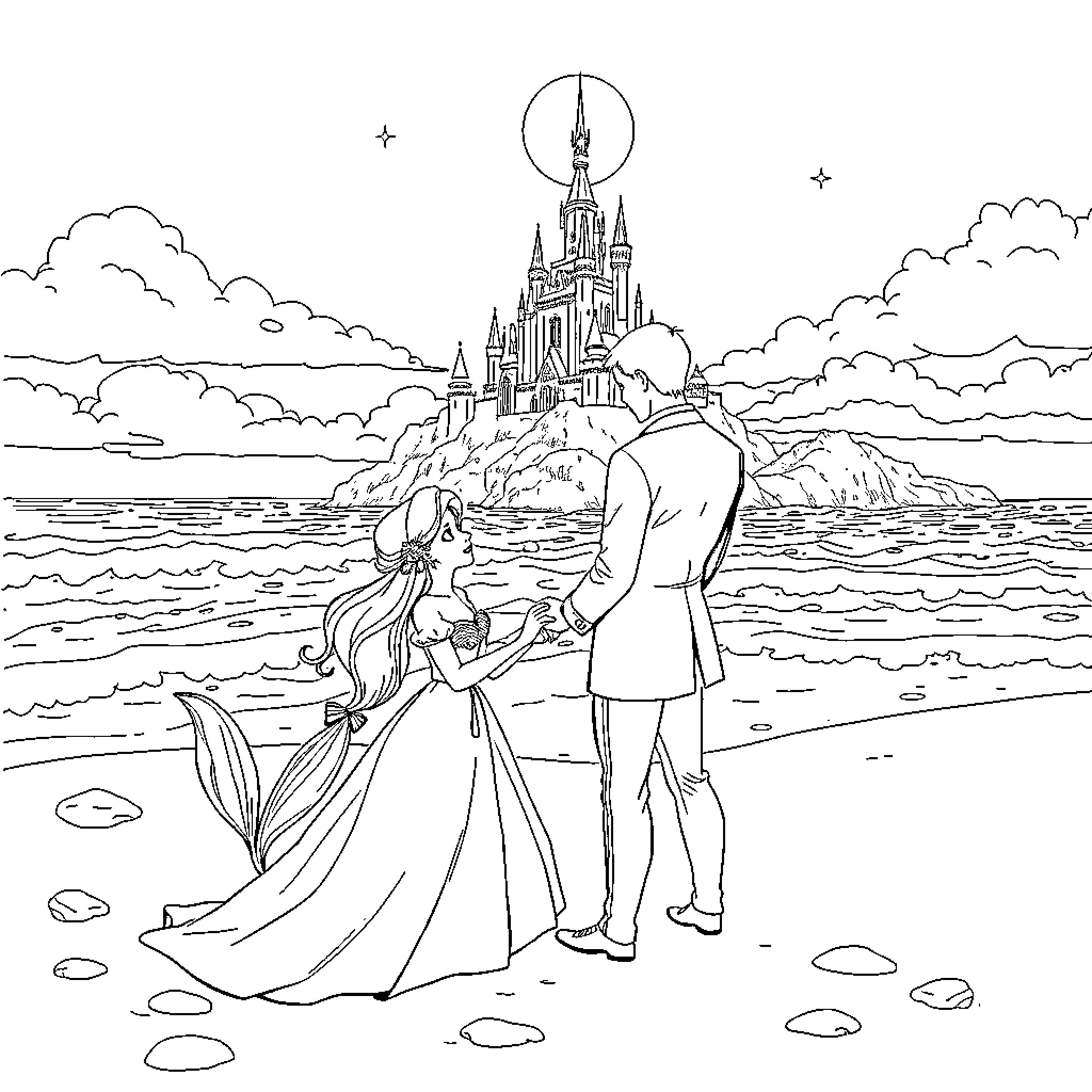 Ariel's magical journey with her prince Coloring Page (free black-and-white line drawing printable PDF for all, from beginners to advanced learners, including children, teens, adults, and seniors)