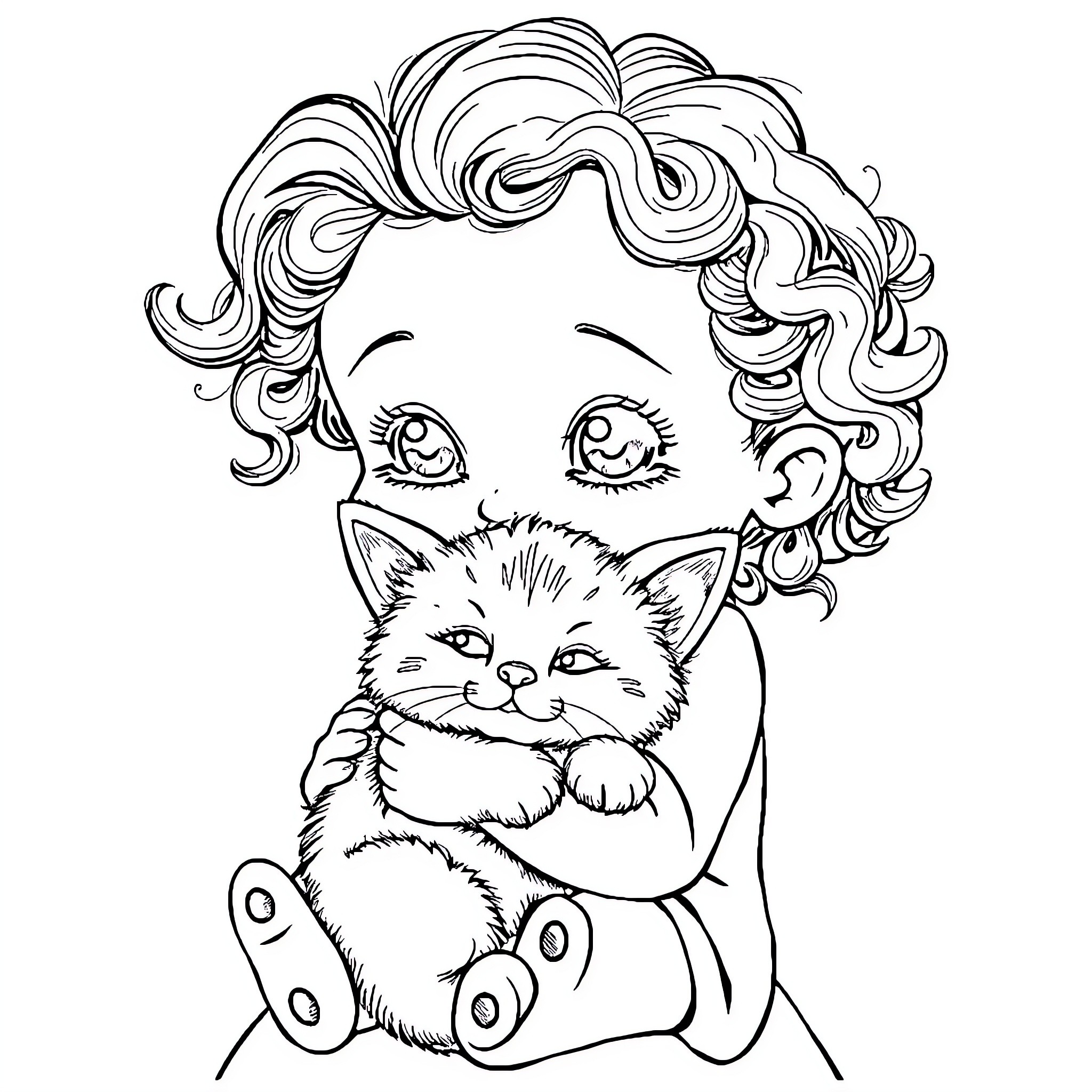 Girl hugging a playful kitten Coloring Page (free black-and-white line drawing printable PDF for all, from beginners to advanced learners, including children, teens, adults, and seniors)