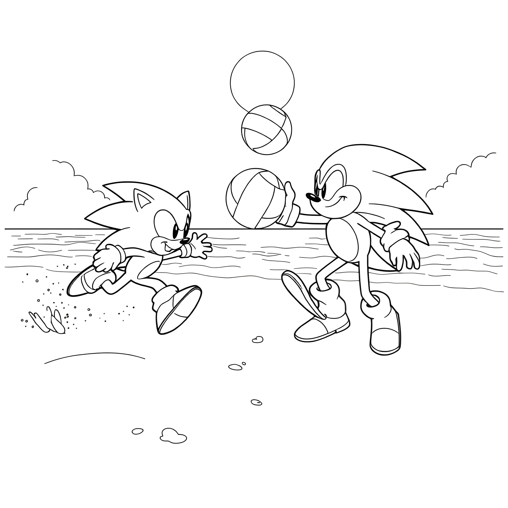 Sonic characters playing at the beach Coloring Page (free black-and-white line drawing printable PDF for all, from beginners to advanced learners, including children, teens, adults, and seniors)