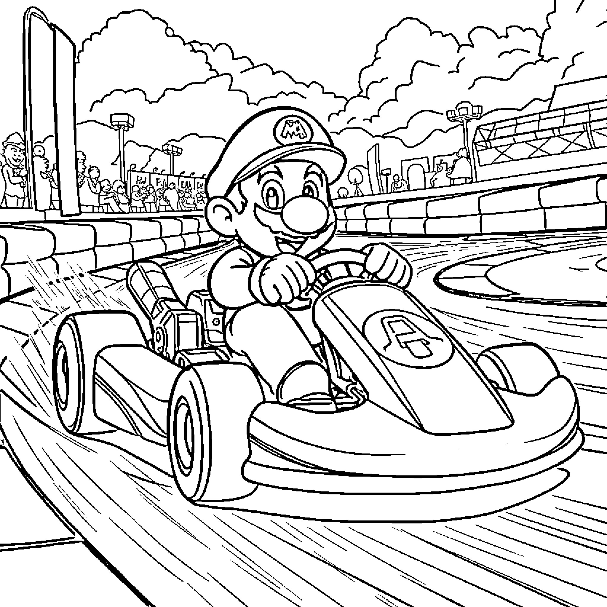 Mario Andretti Races in a Go-Kart on the Track Coloring Page (free black-and-white line drawing printable PDF for all, from beginners to advanced learners, including children, teens, adults, and seniors)