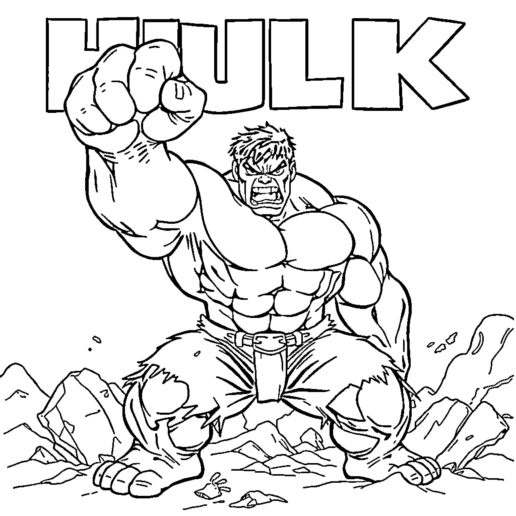 Hulk smashing through the environment Coloring Page (free black-and-white line drawing printable PDF for all, from beginners to advanced learners, including children, teens, adults, and seniors)