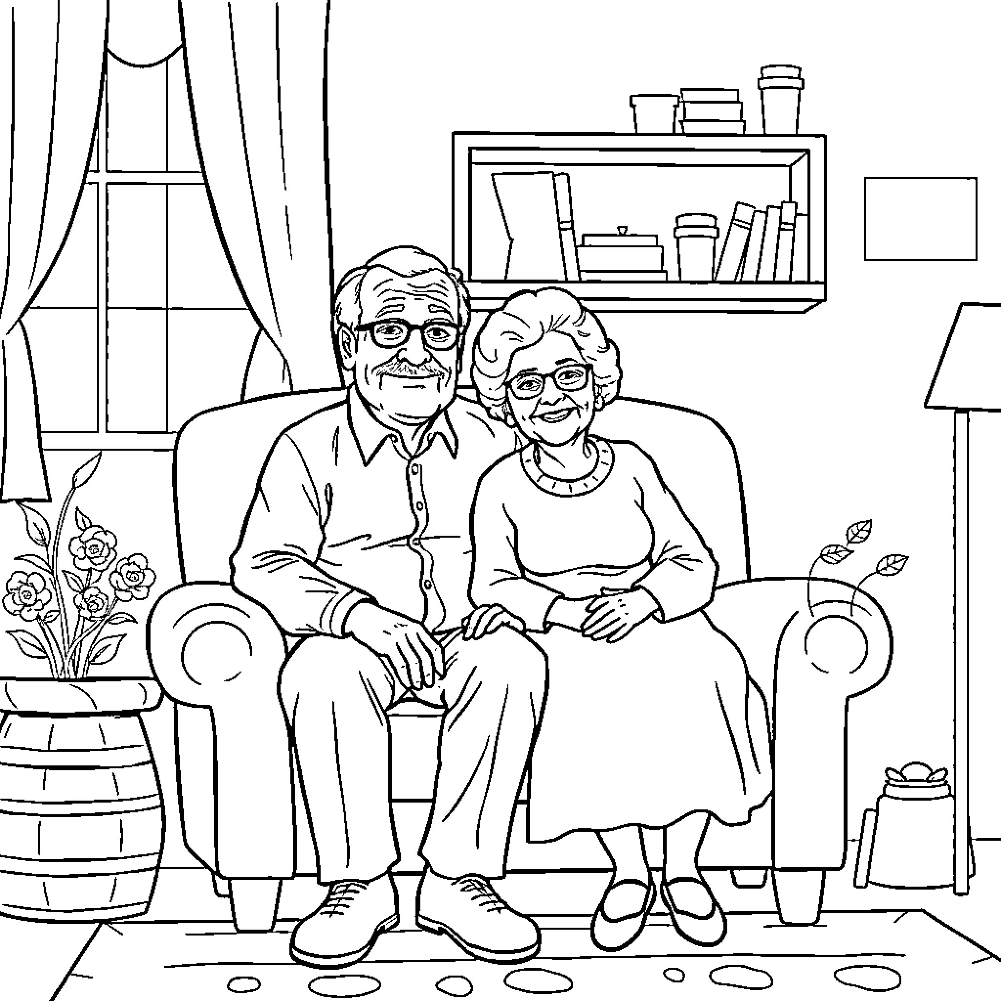 Grandparents Sitting Together in Their Cozy Home Coloring Page (free black-and-white line drawing printable PDF for all, from beginners to advanced learners, including children, teens, adults, and seniors)