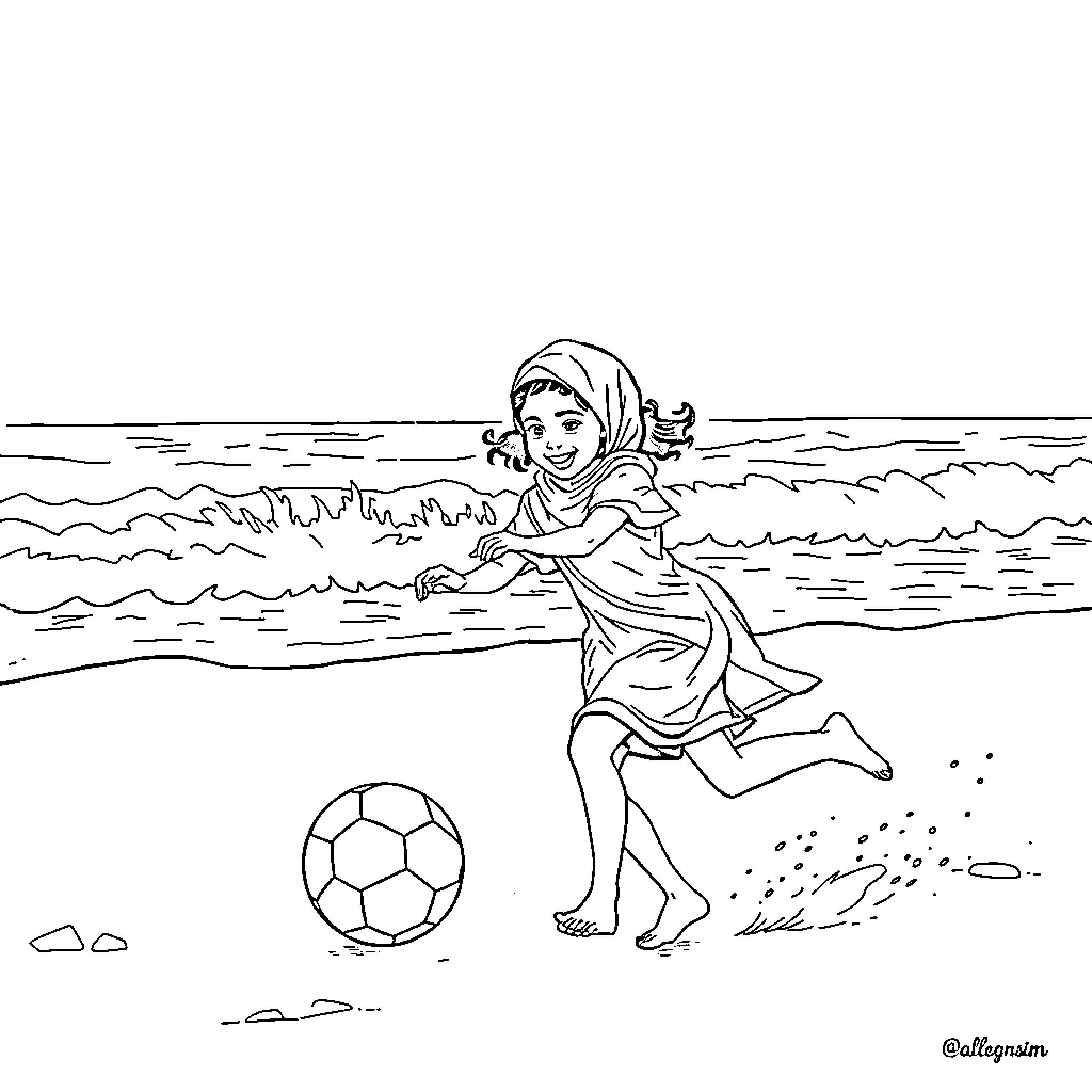 Girl Playing Soccer on the Beach Coloring Page (free black-and-white line drawing printable PDF for all, from beginners to advanced learners, including children, teens, adults, and seniors)